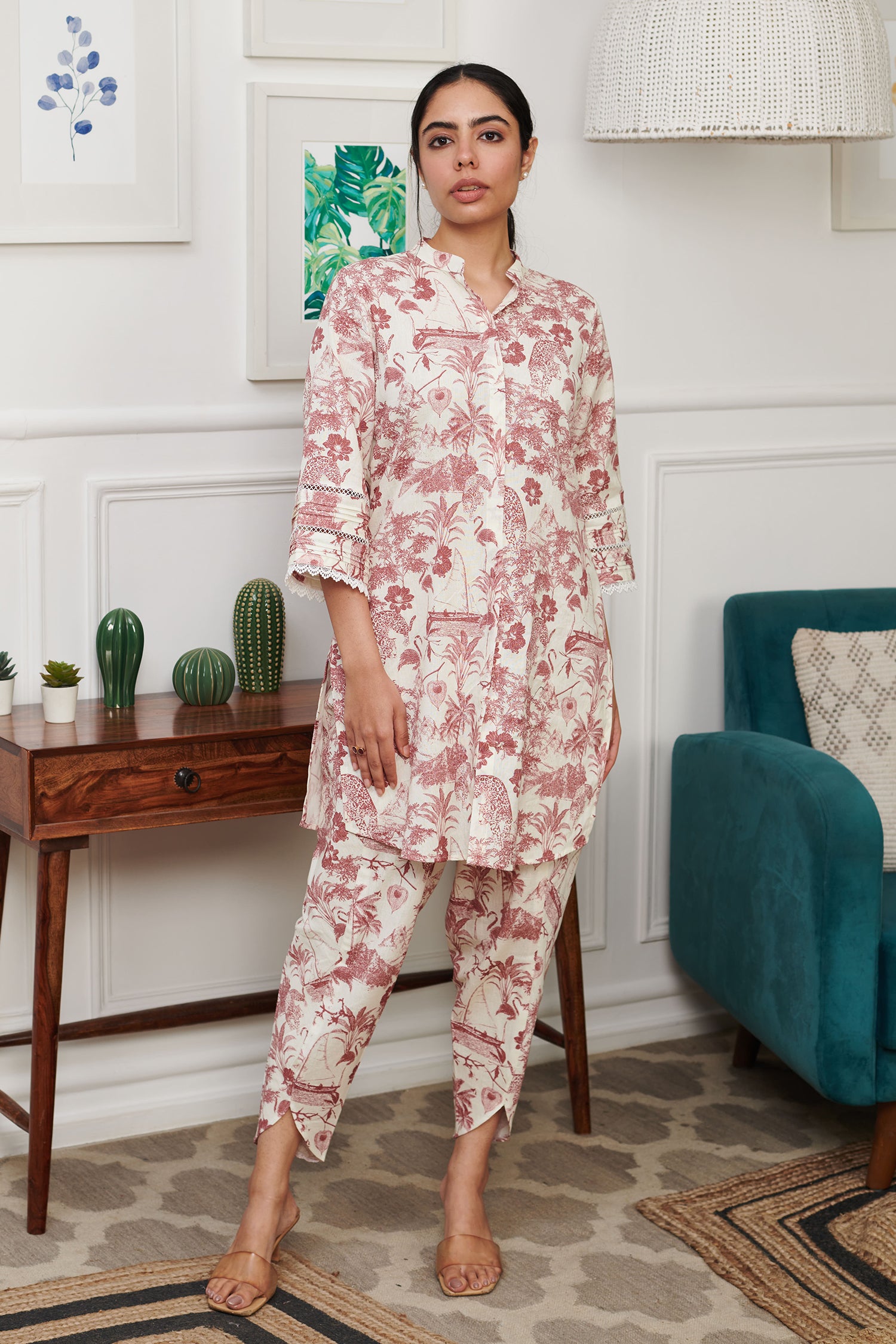 Off White Linen Print Tropical Safari Stand Collar Neck Kurta With Tulip Pant