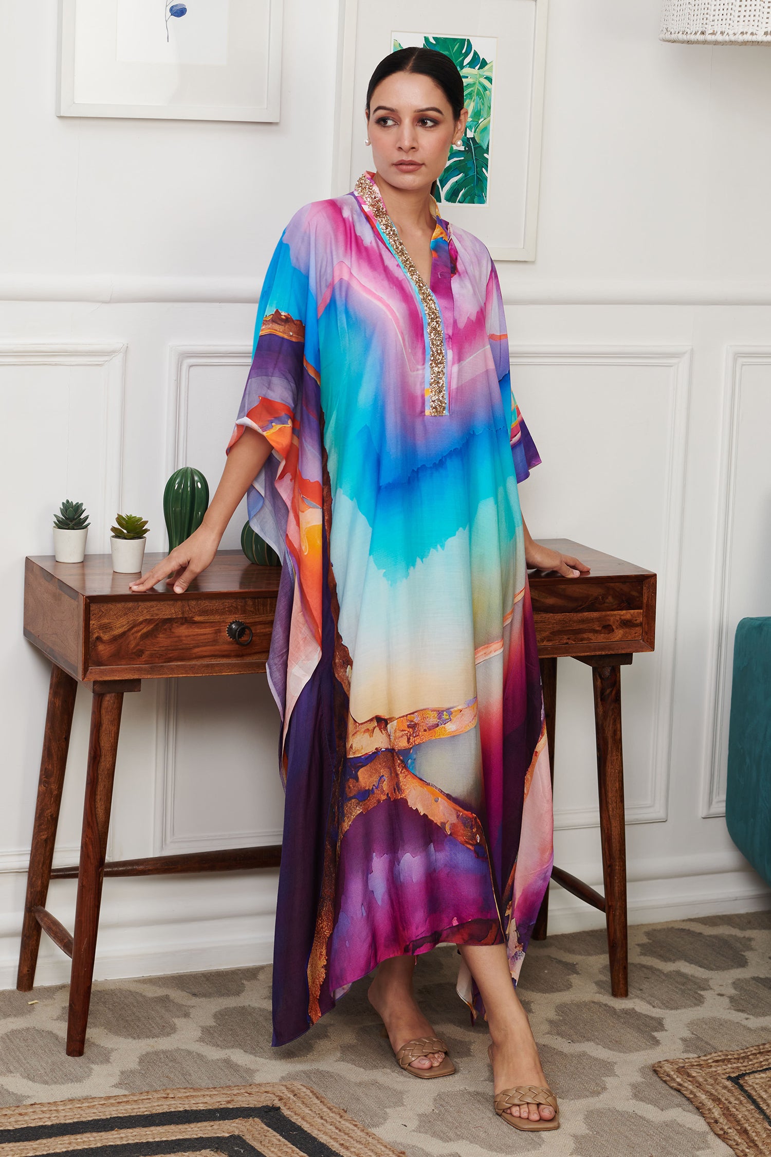 Multi Color Cotton Silk Print Splash Wave Stand Collar Ombre Kaftan