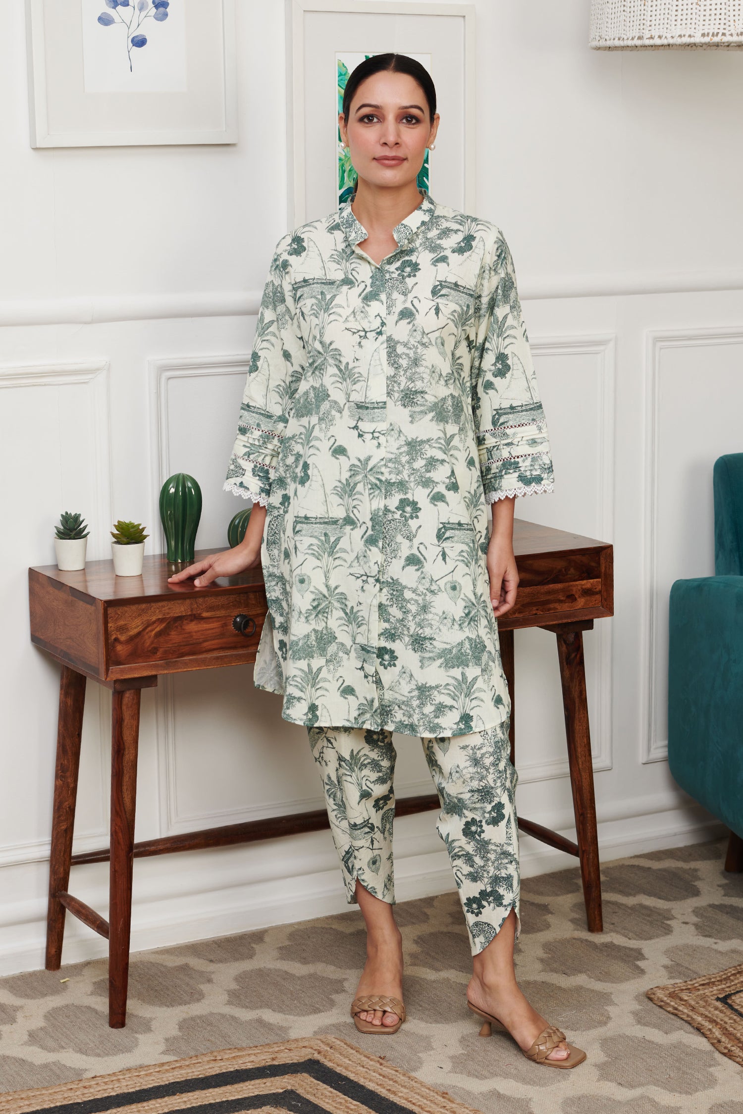 Off White Linen Print Tropical Safari Stand Collar Neck Kurta With Tulip Pant