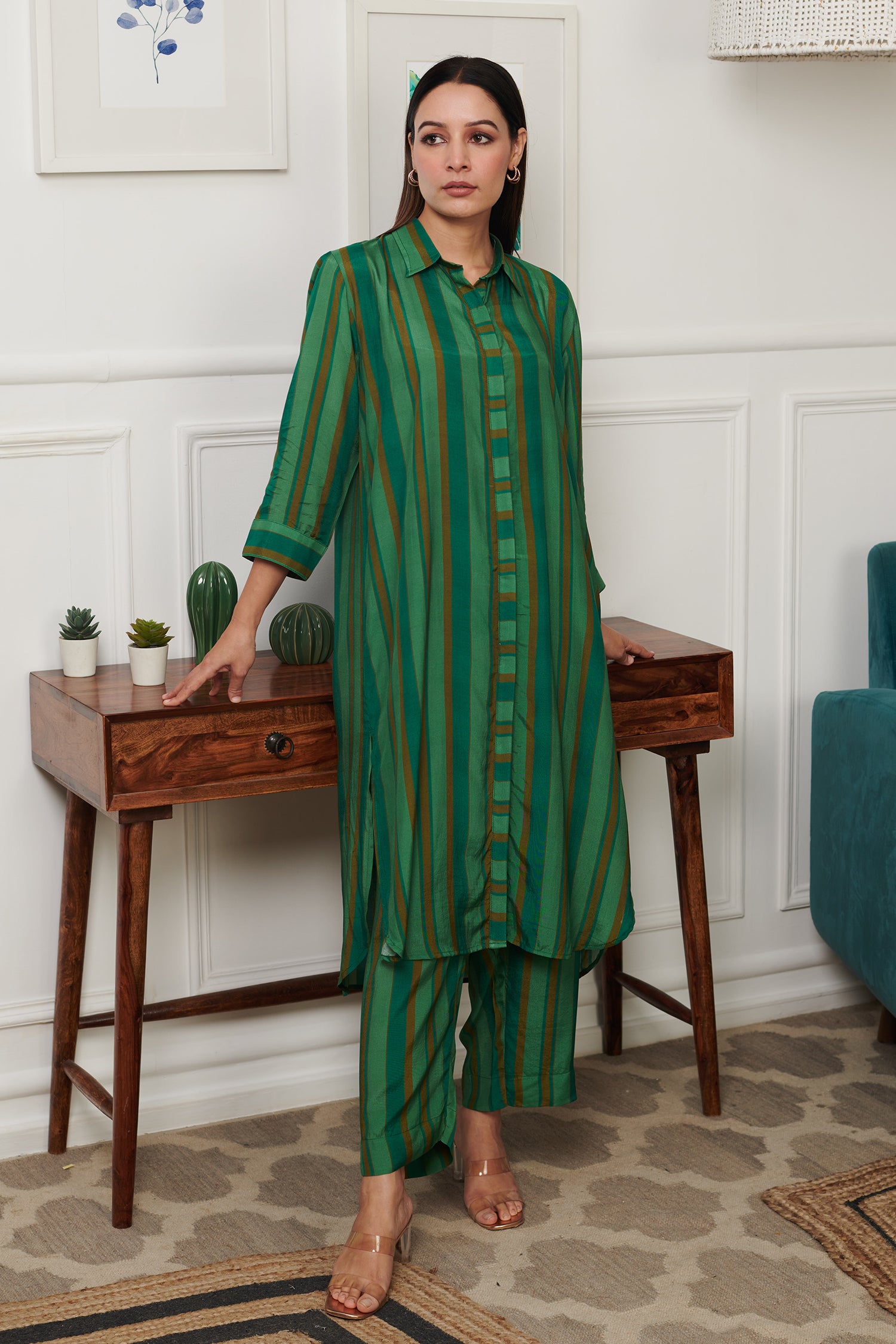 Green Cotton Silk Print Bar Stripe Mania Collar Neck Kurta With Pant