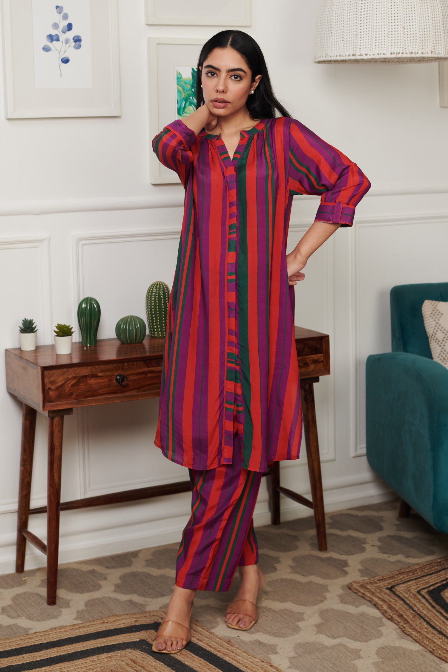 Pink Cotton Silk Print Stripe Mania Notched Round Collar Kurta With Pant