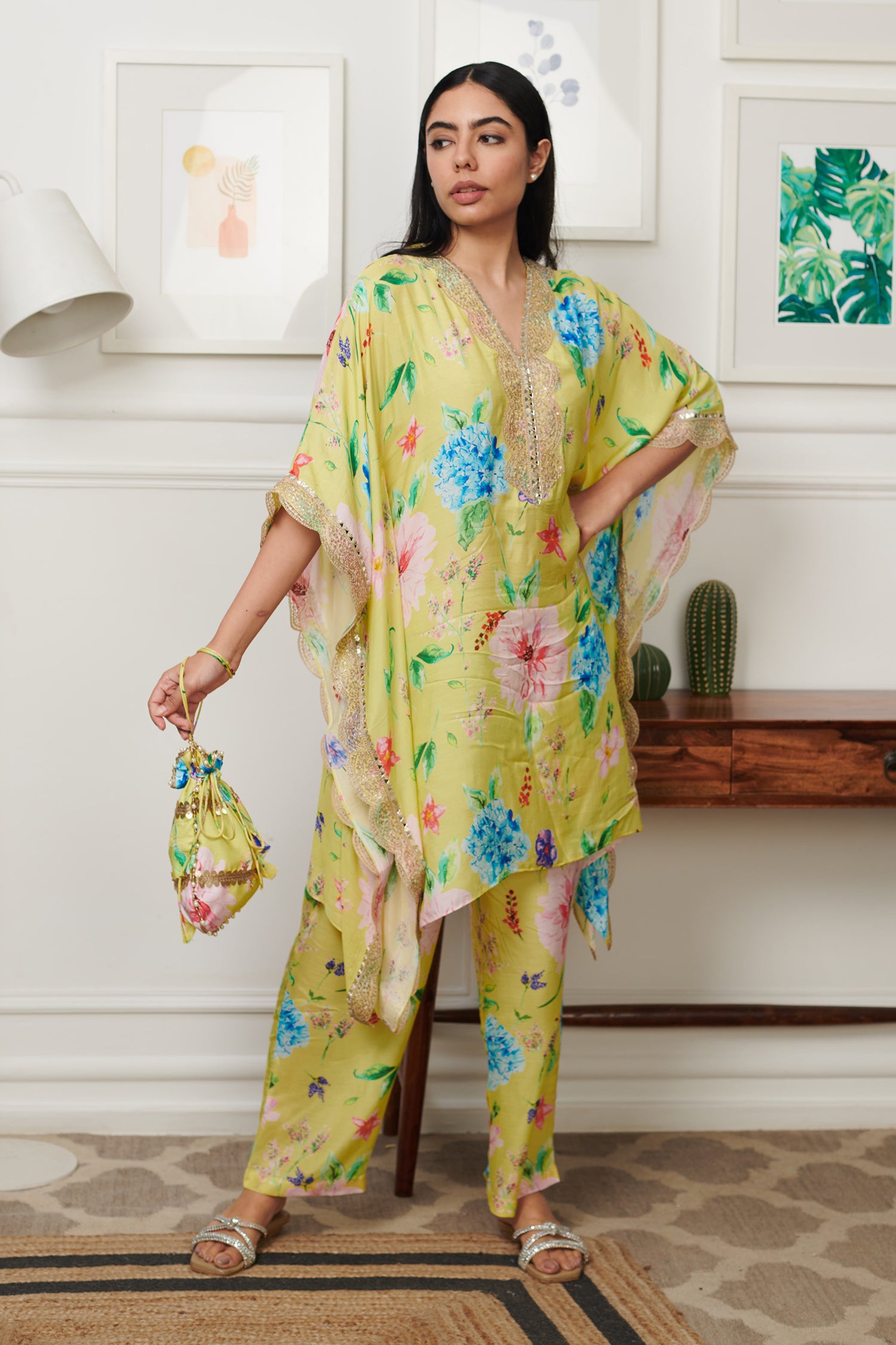 Green Cotton Silk Print Flora V Neck Bloom Kaftan Set
