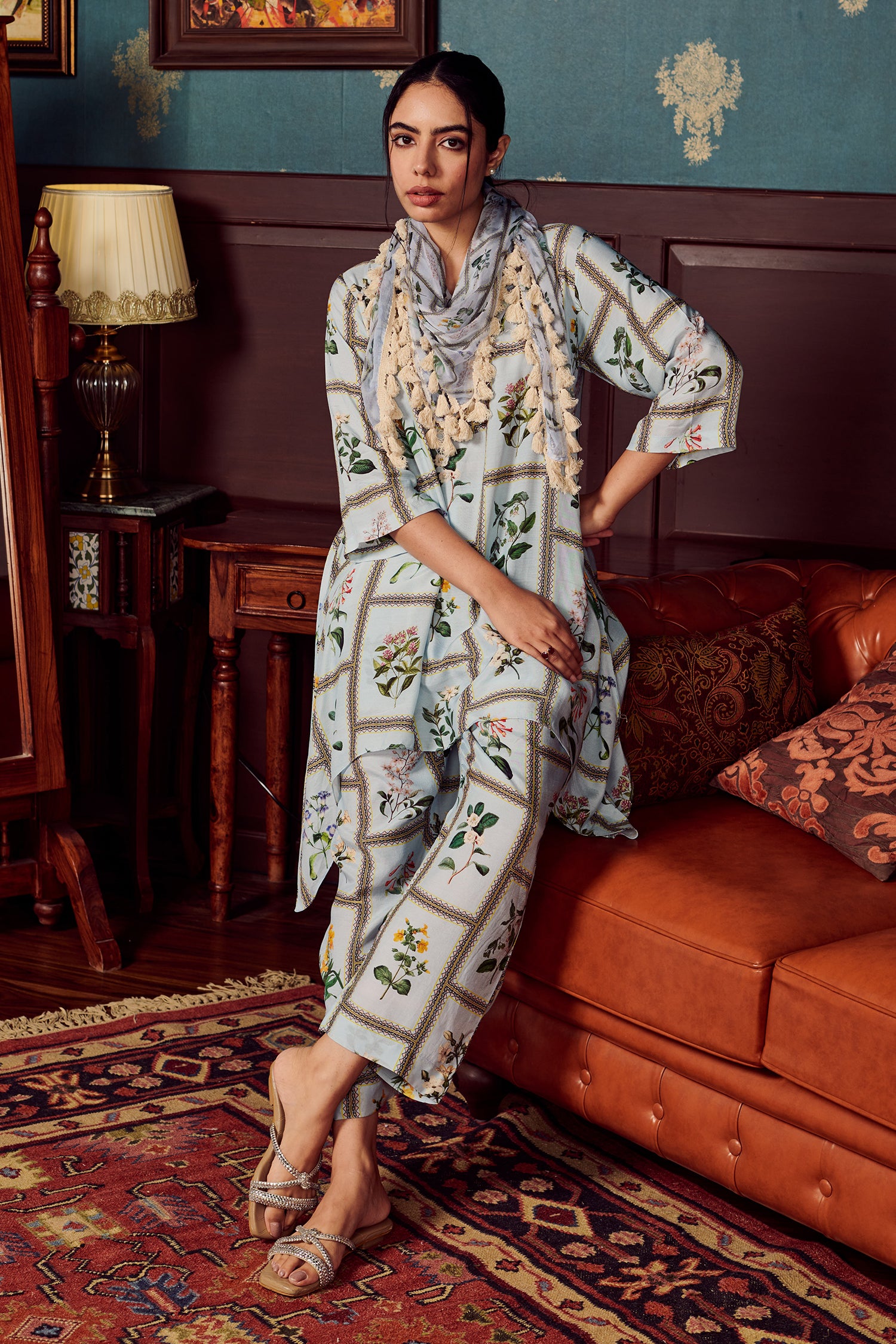 Blue Cotton Silk Print Botanic Bloom Stand Collar Neck Kurta Pant Set