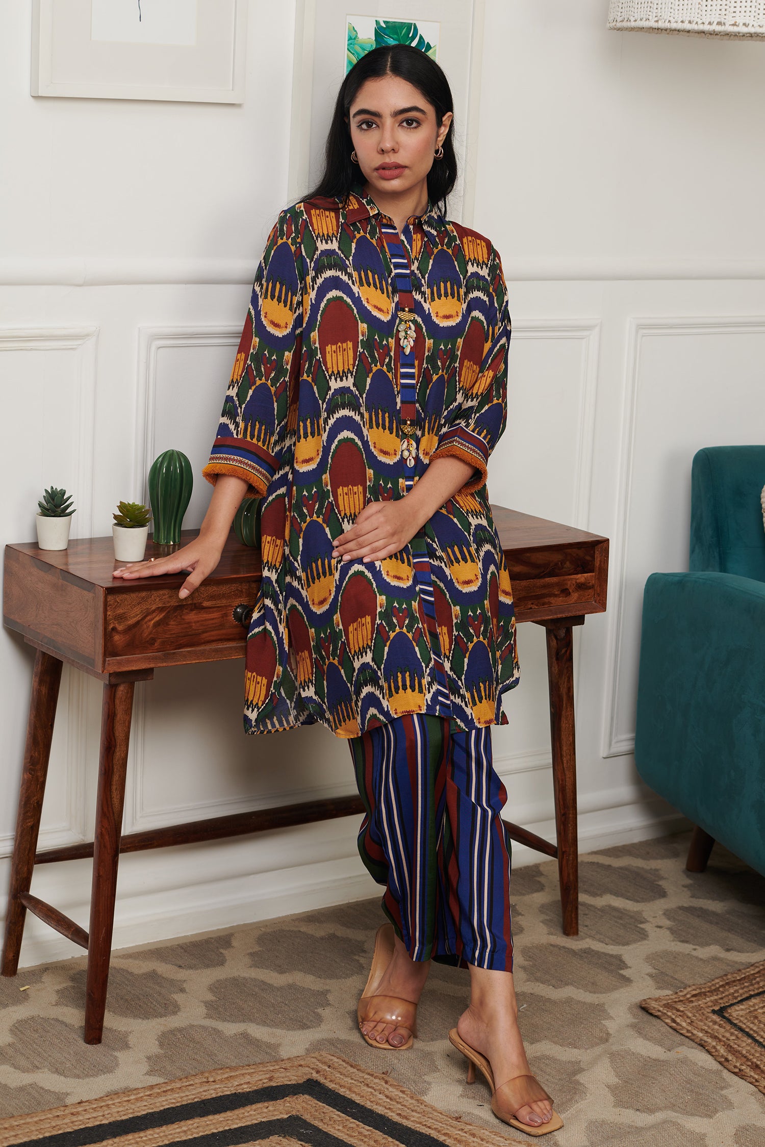 Blue Cotton Silk Print Boho Collar Neck Kurta With Pant