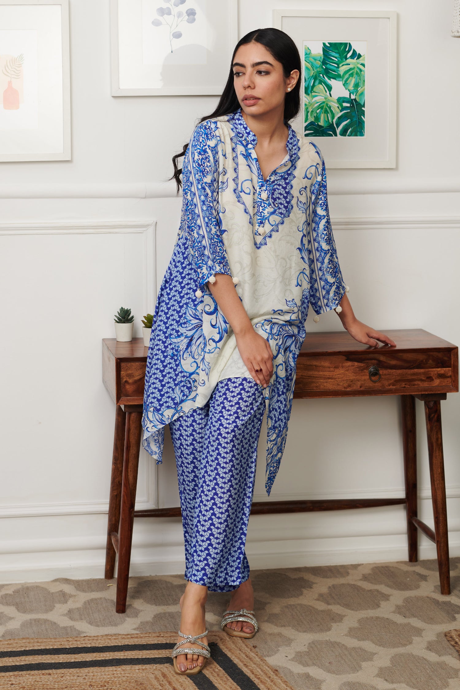 Blue Cotton Silk Print Persian Bloom Stand Collar Neck Kurta With Pant