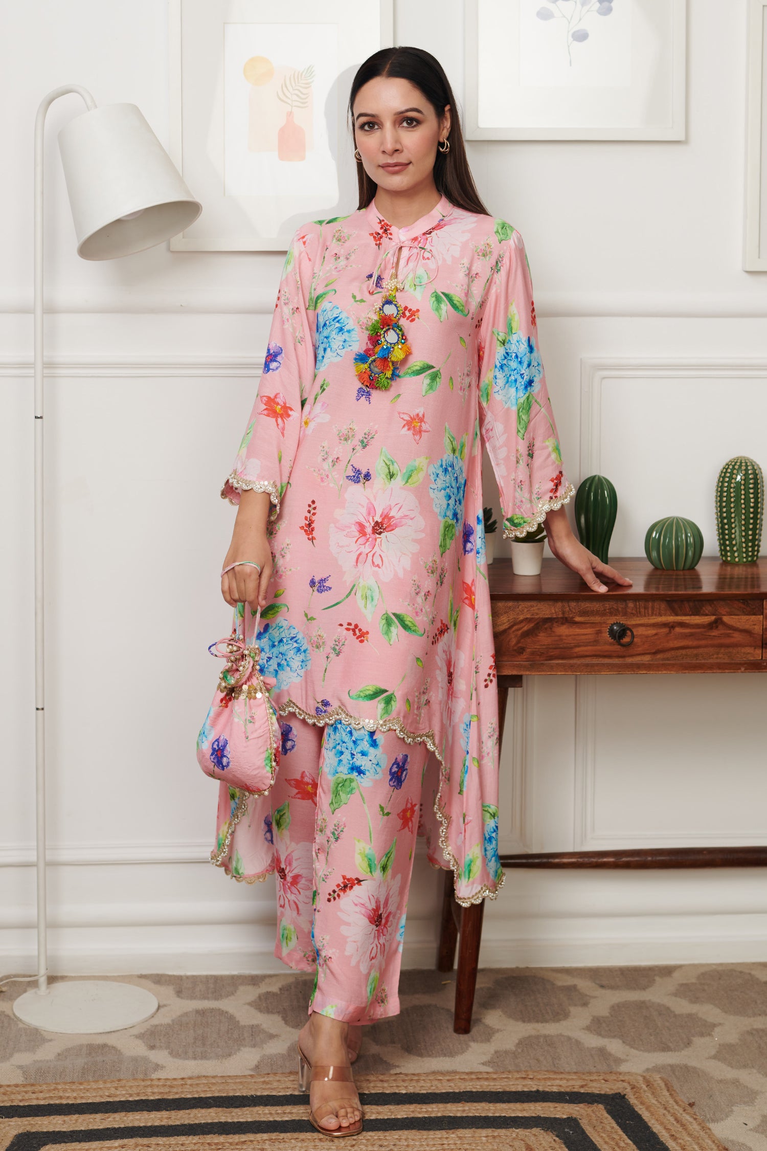 Pink Cotton Silk Print Bloomy Mandarin Collar Asymmetric Kurta Pant Set