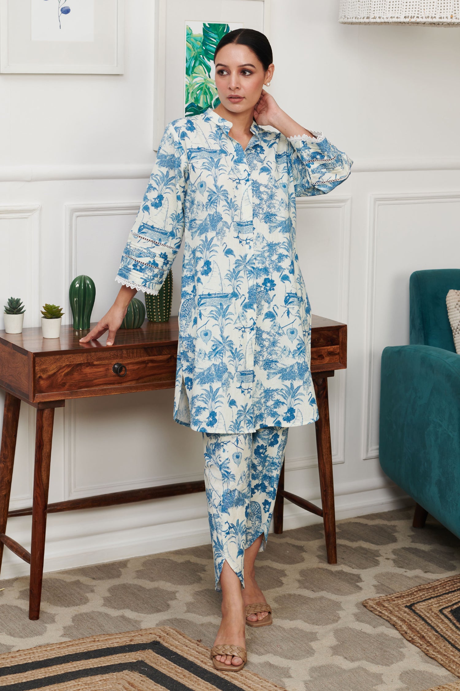 Off White Linen Print Tropical Safari Stand Collar Neck Kurta With Tulip Pant