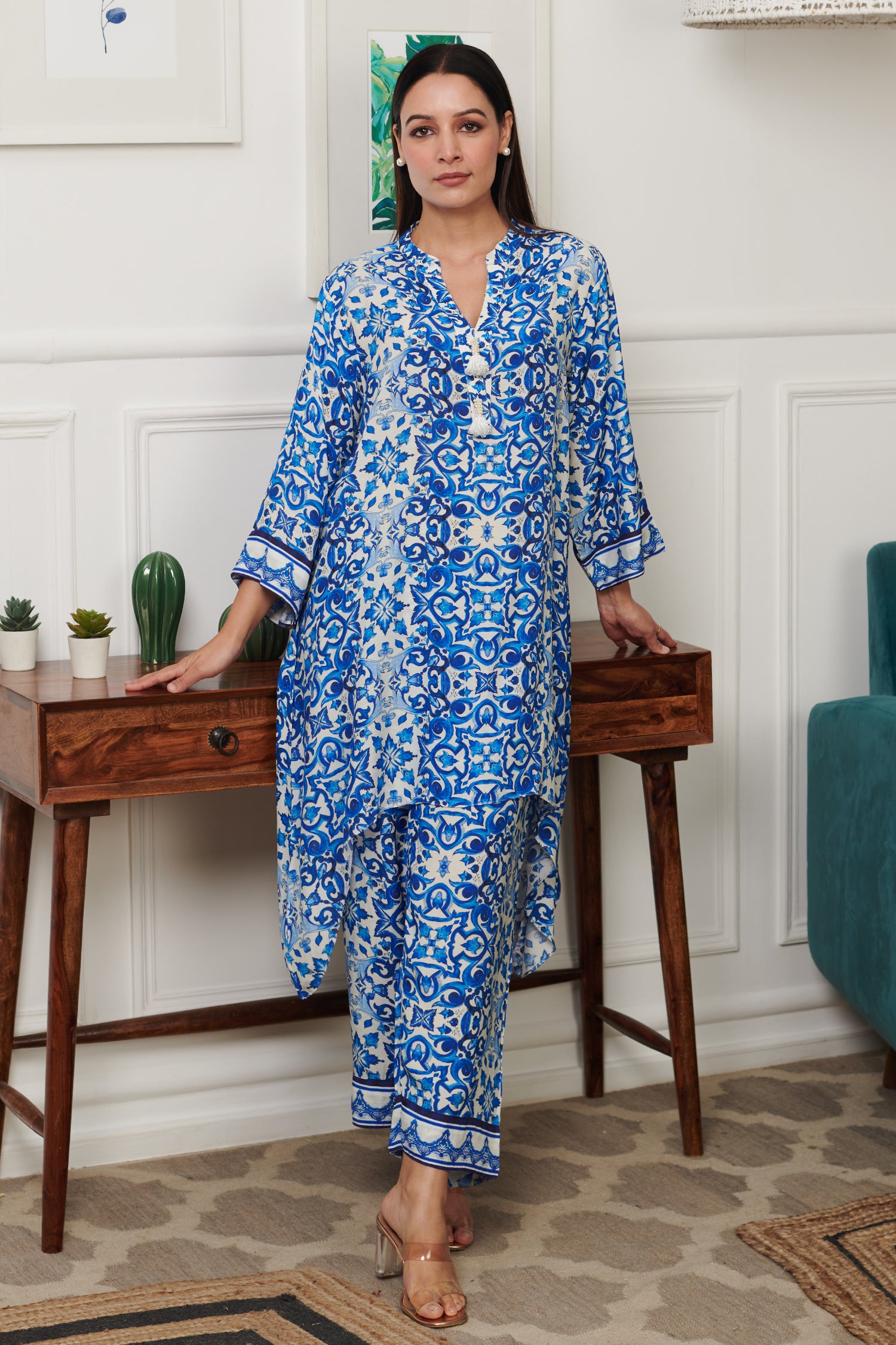 Blue Cotton Silk Print Ambrosia Notched Round Collar Kurta With Pant