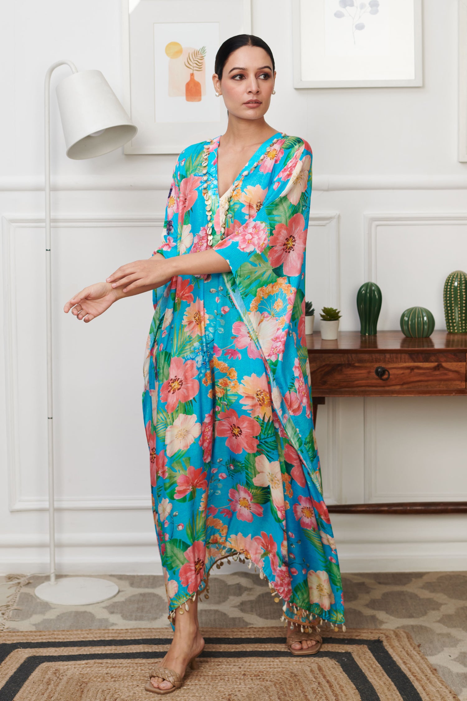 Blue Cotton Silk Print Hawaiian Bloom V Neck Kaftan