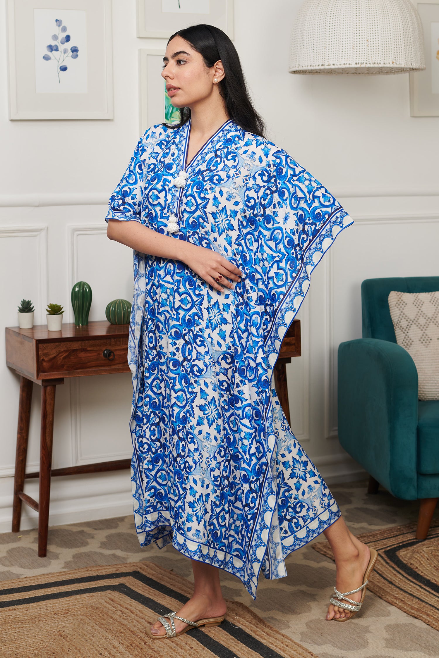 Blue Cotton Silk Print French Bloom V Neck Kaftan