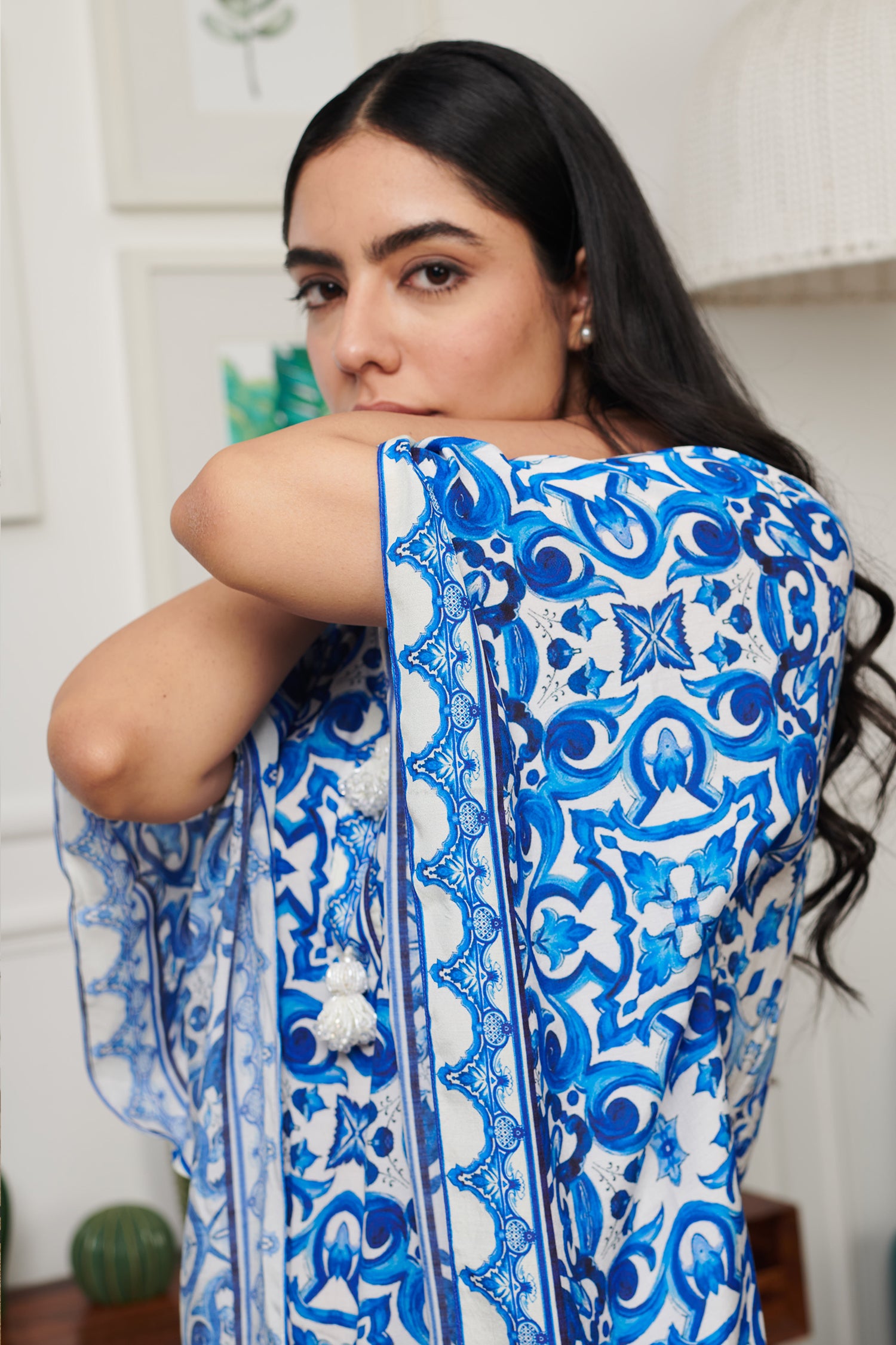 Blue Cotton Silk Print French Bloom V Neck Kaftan