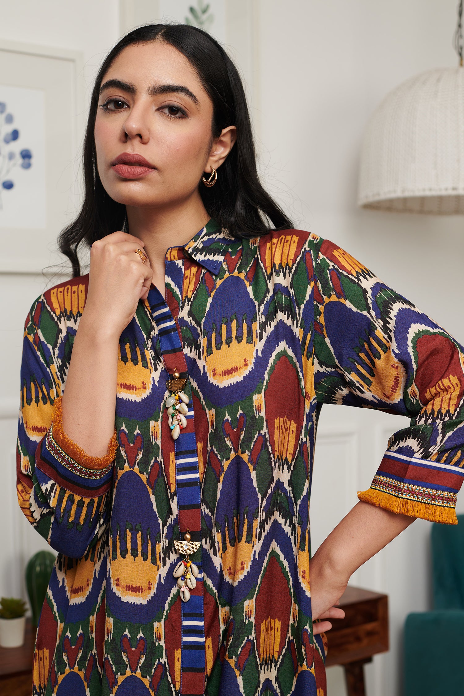 Blue Cotton Silk Print Boho Collar Neck Kurta With Pant