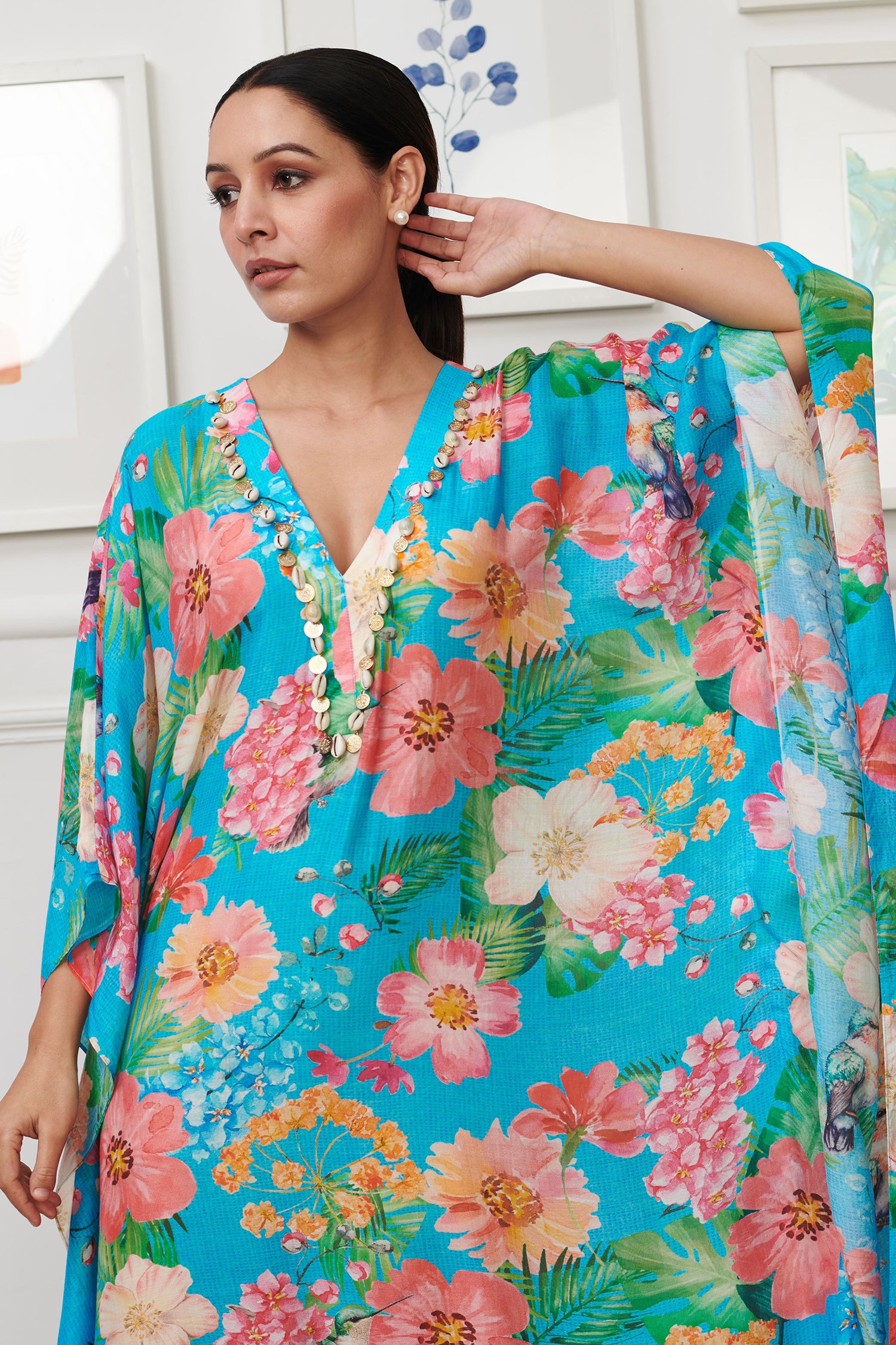 Blue Cotton Silk Print Hawaiian Bloom V Neck Kaftan