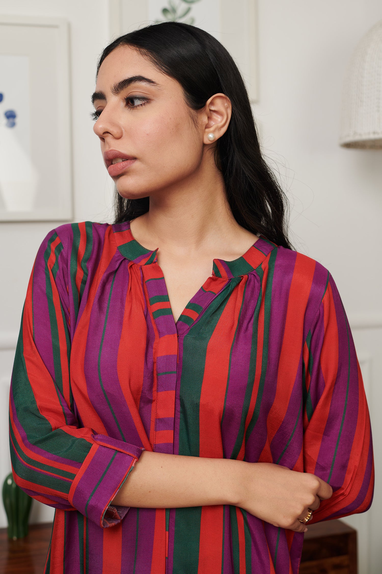 Pink Cotton Silk Print Stripe Mania Notched Round Collar Kurta With Pant