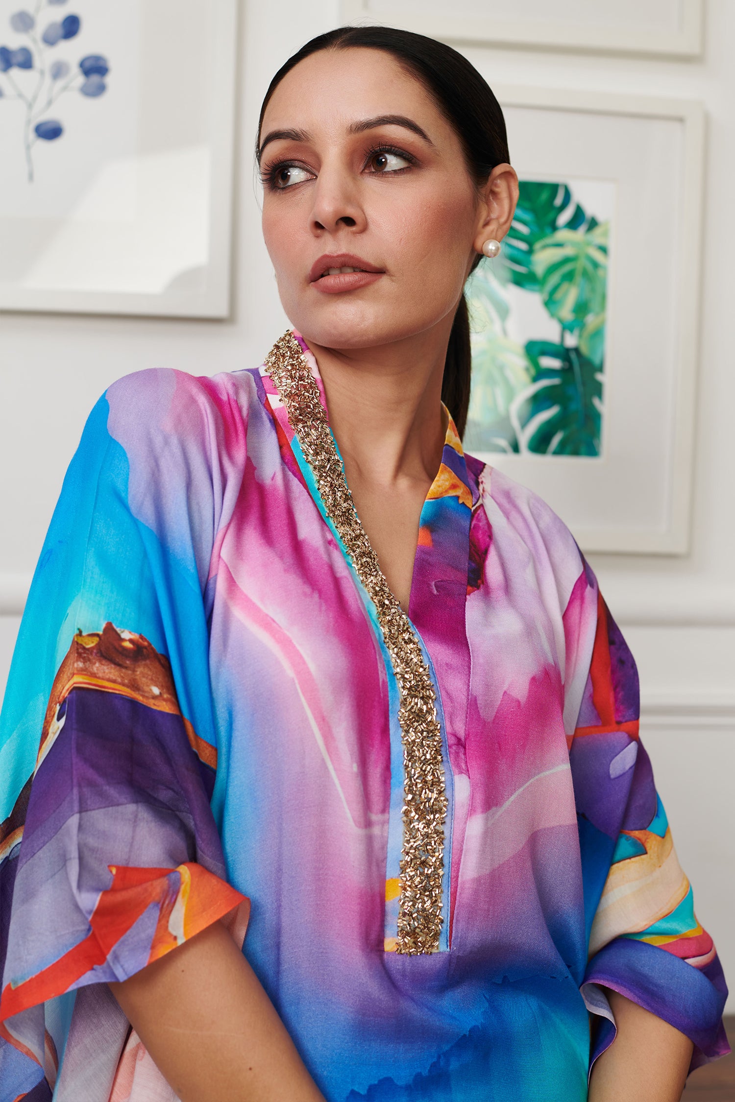 Multi Color Cotton Silk Print Splash Wave Stand Collar Ombre Kaftan