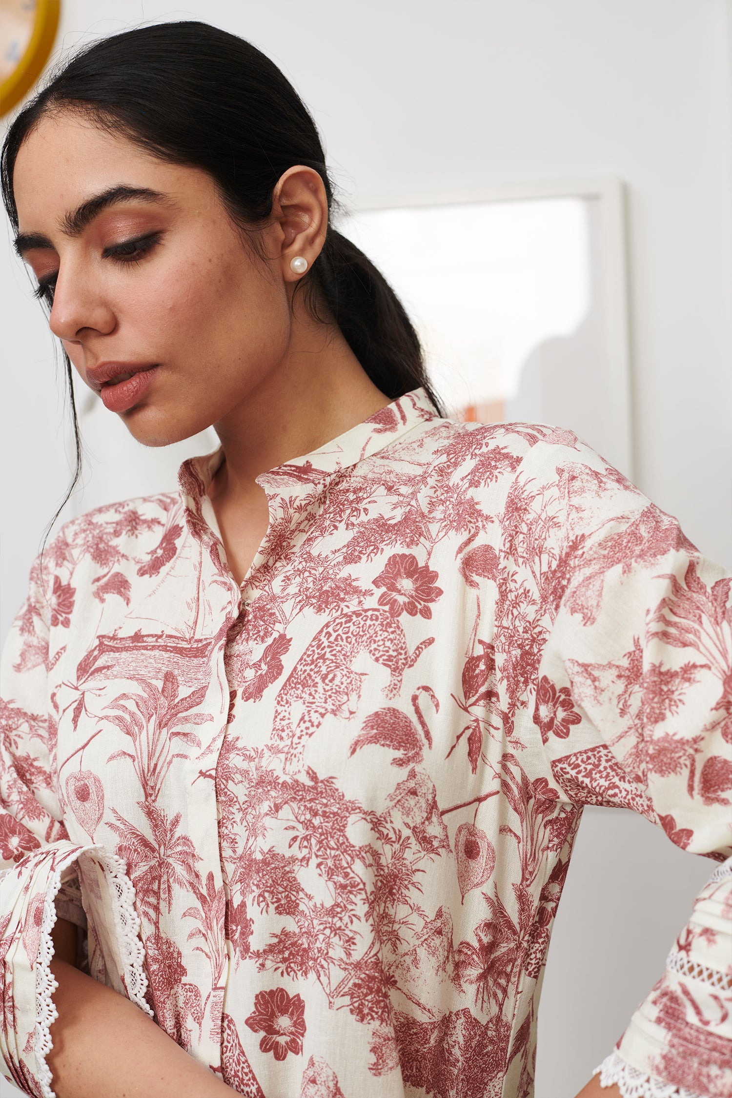 Off White Linen Print Tropical Safari Stand Collar Neck Kurta With Tulip Pant