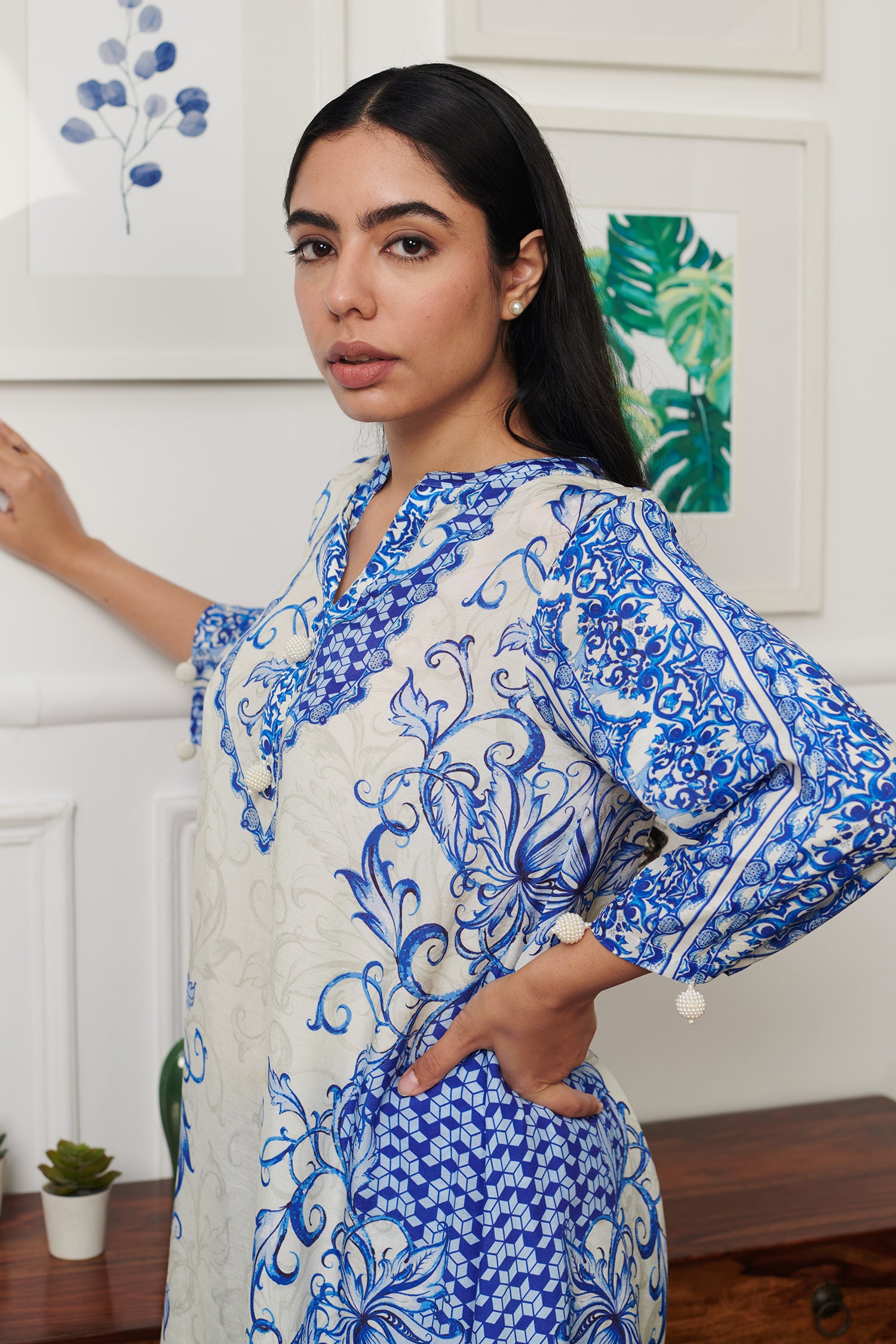 Blue Cotton Silk Print Persian Bloom Stand Collar Neck Kurta With Pant