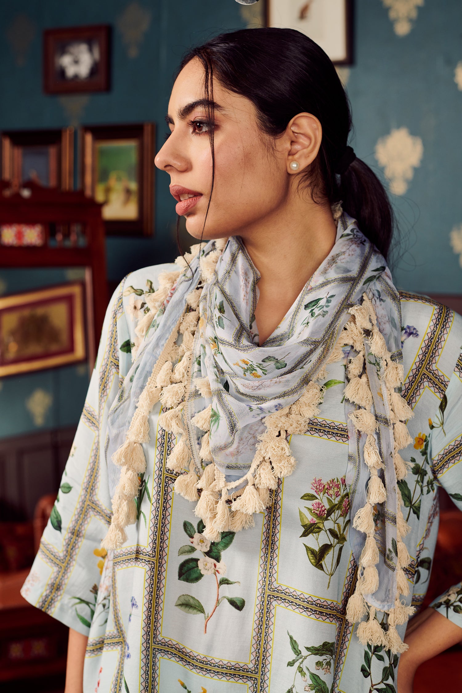 Blue Cotton Silk Print Botanic Bloom Stand Collar Neck Kurta Pant Set