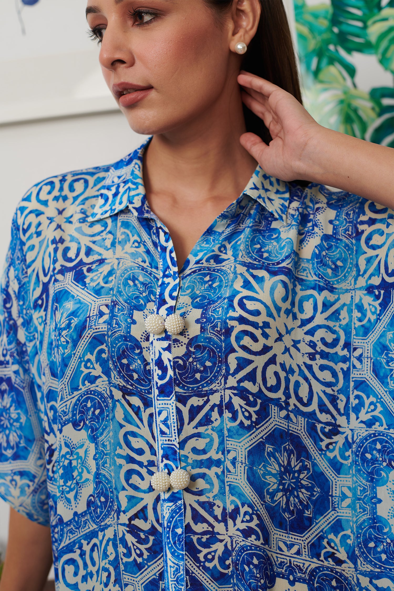 Blue Cotton Silk Print Mosiac Fleur Collar Neck Mosaic Shirt With Pant