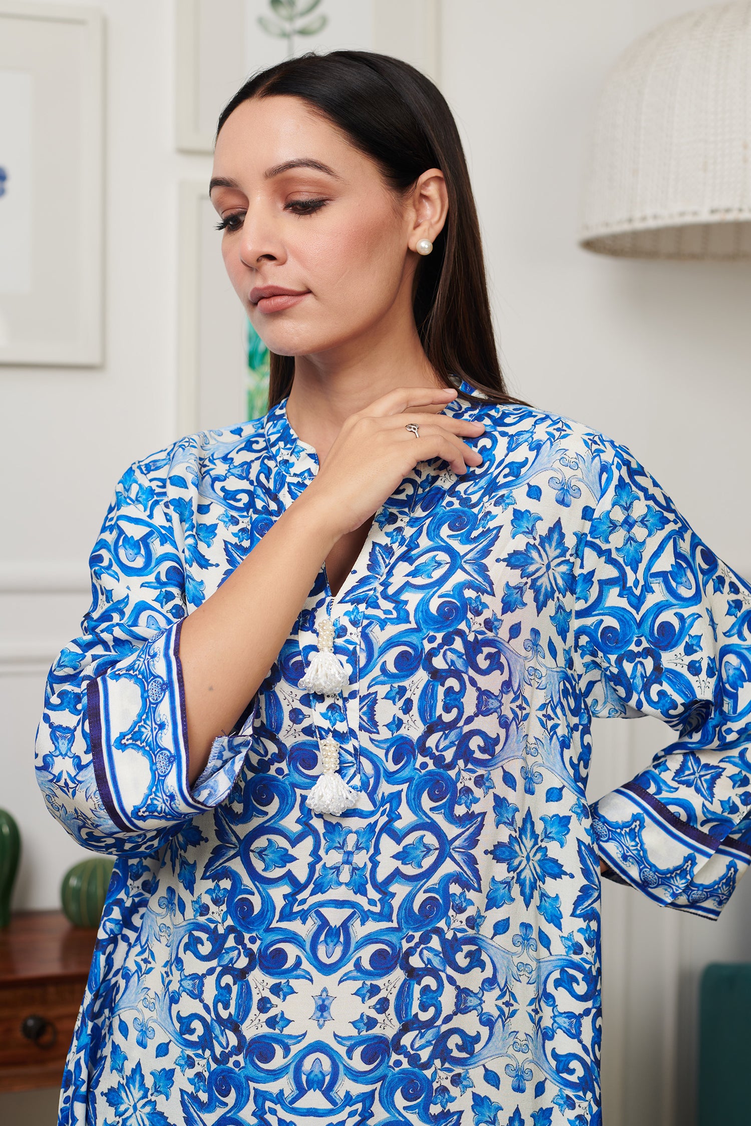 Blue Cotton Silk Print Ambrosia Notched Round Collar Kurta With Pant