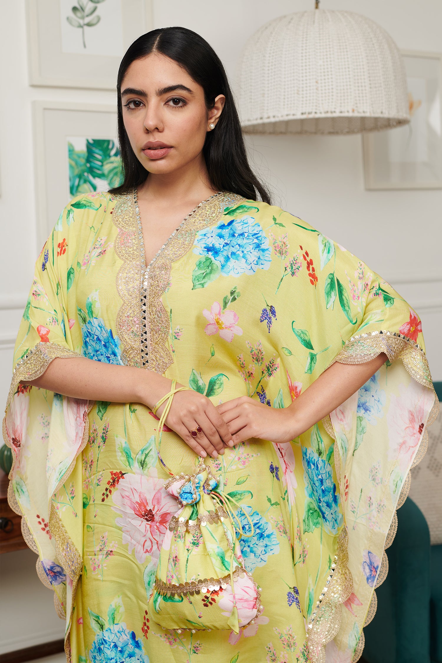 Green Cotton Silk Print Flora V Neck Bloom Kaftan Set