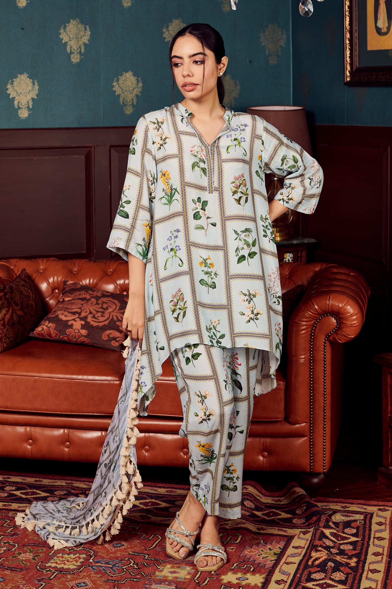 Blue Cotton Silk Print Botanic Bloom Stand Collar Neck Kurta Pant Set