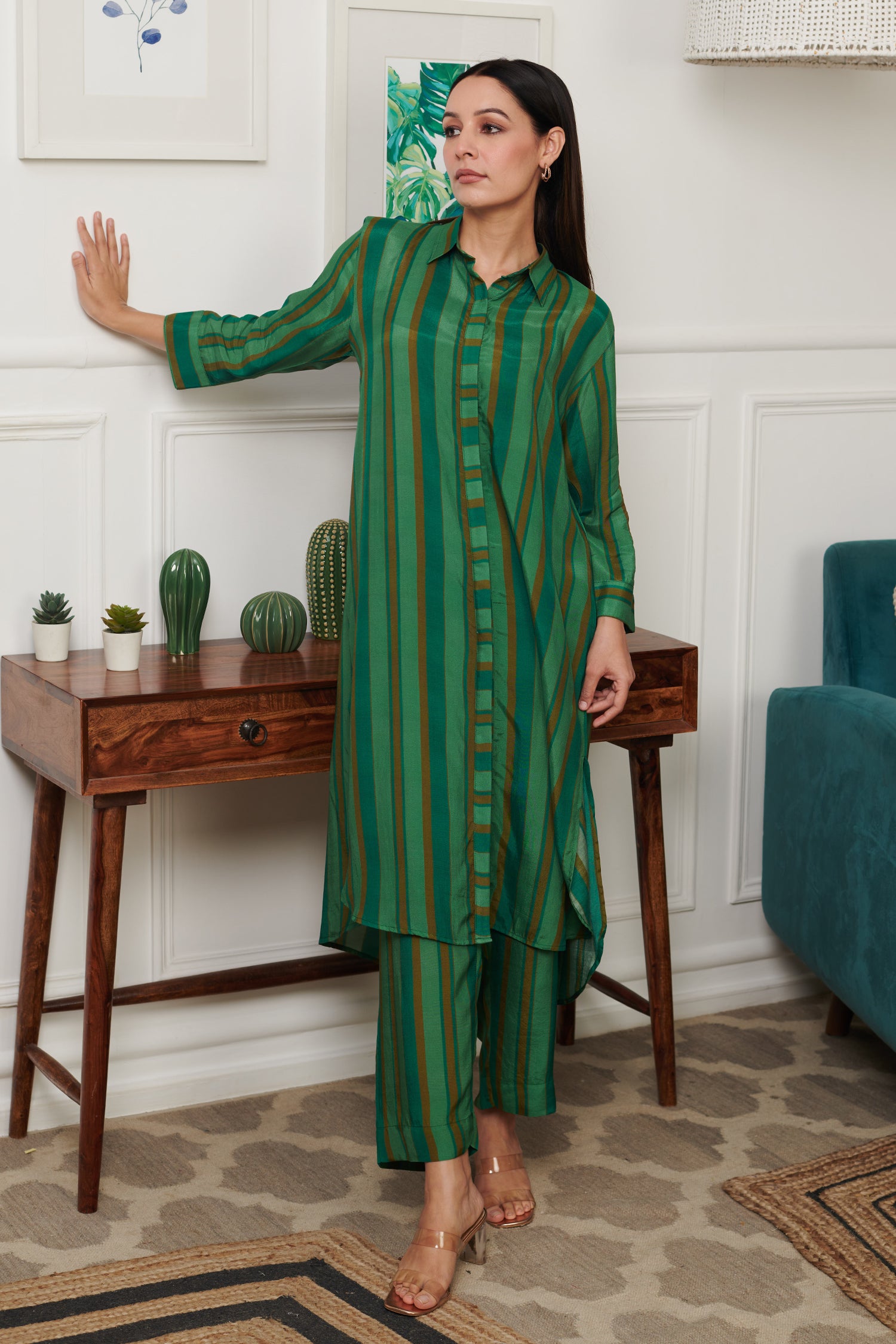 Green Cotton Silk Print Bar Stripe Mania Collar Neck Kurta With Pant