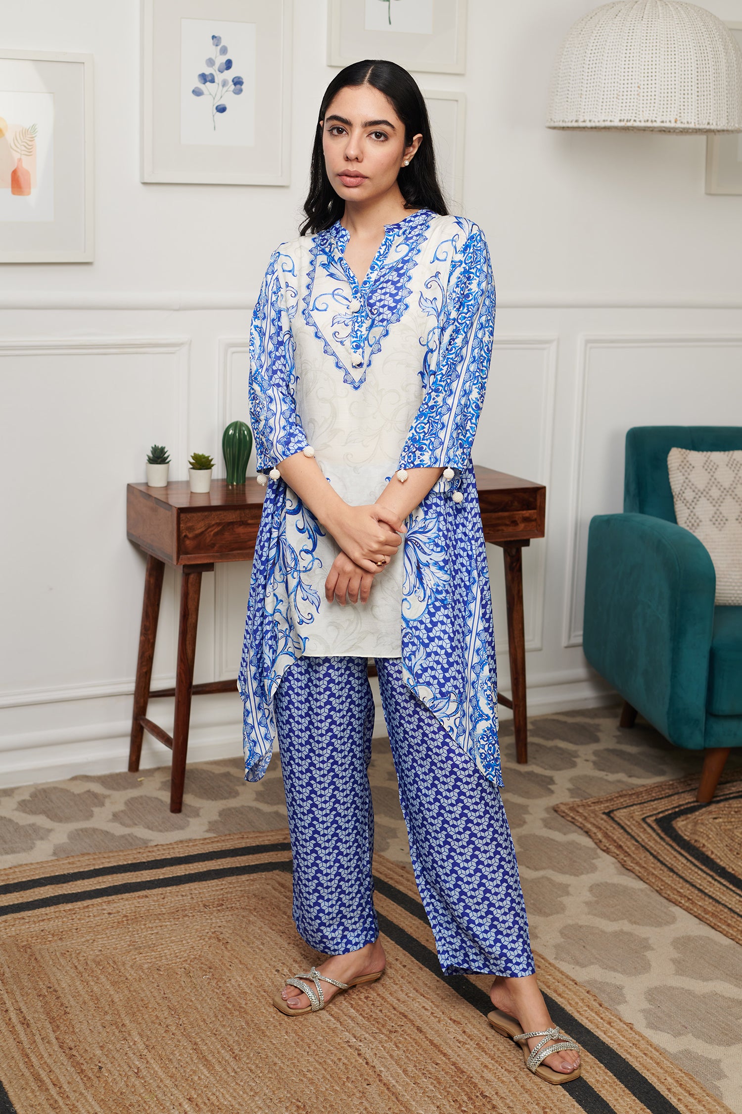 Blue Cotton Silk Print Persian Bloom Stand Collar Neck Kurta With Pant