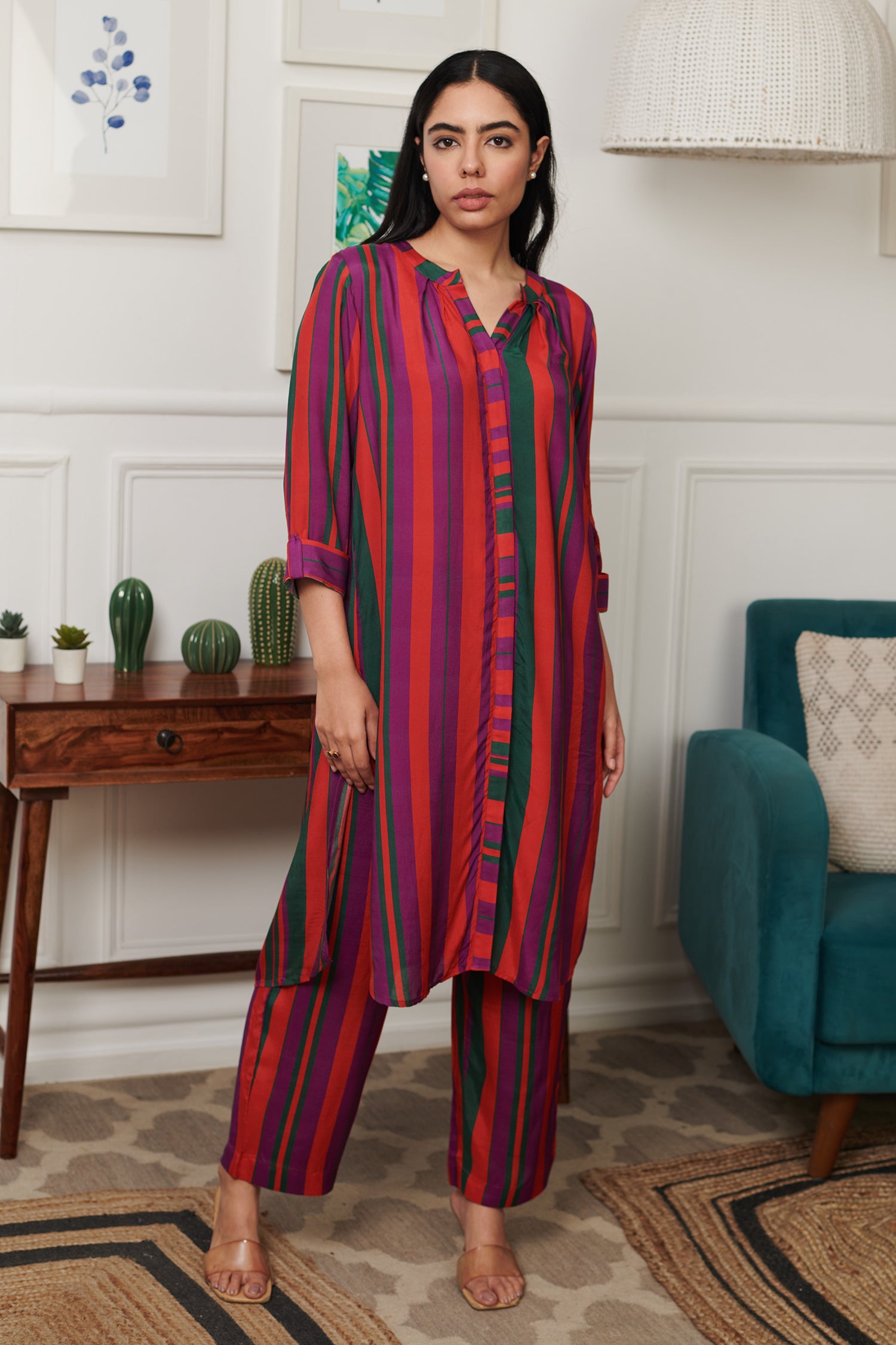 Pink Cotton Silk Print Stripe Mania Notched Round Collar Kurta With Pant
