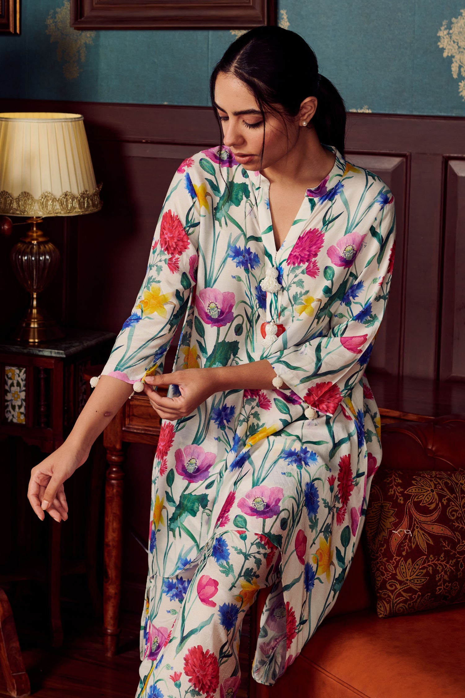 White Cotton Silk Print Florin Mandarin Collar Asymmetric Kurta With Pant