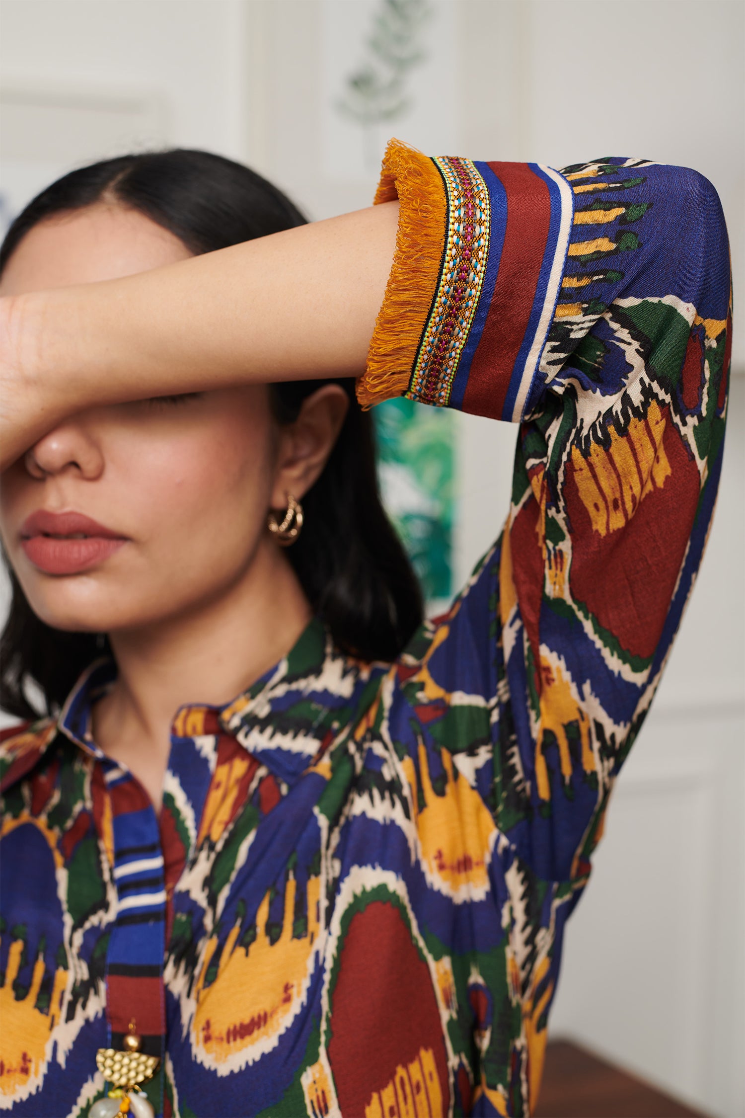 Blue Cotton Silk Print Boho Collar Neck Kurta With Pant