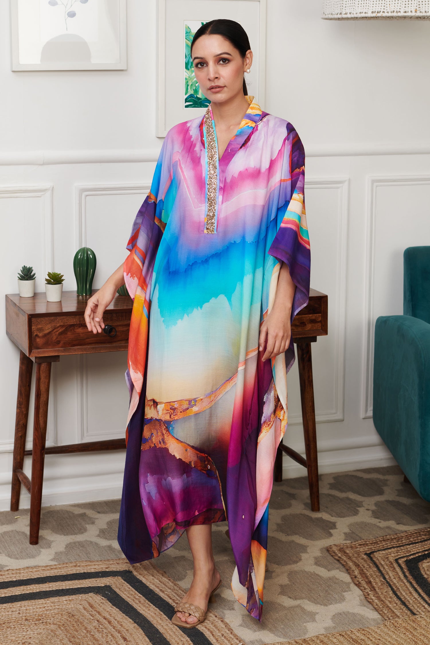 Multi Color Cotton Silk Print Splash Wave Stand Collar Ombre Kaftan
