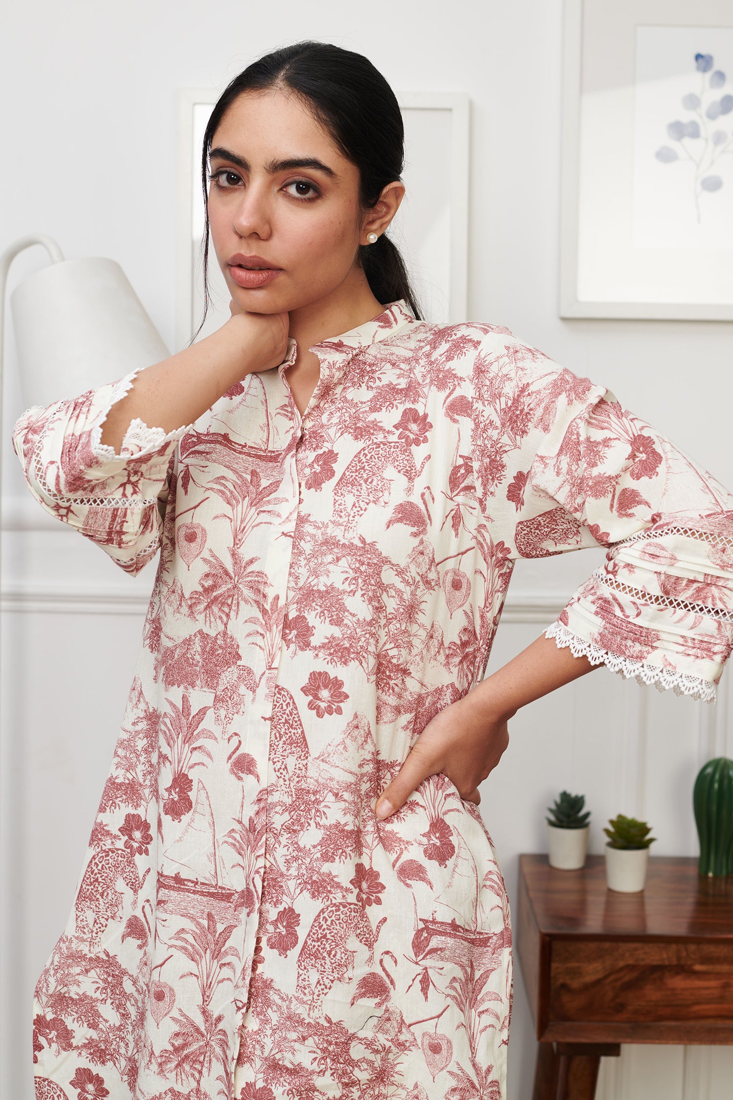 Off White Linen Print Tropical Safari Stand Collar Neck Kurta With Tulip Pant