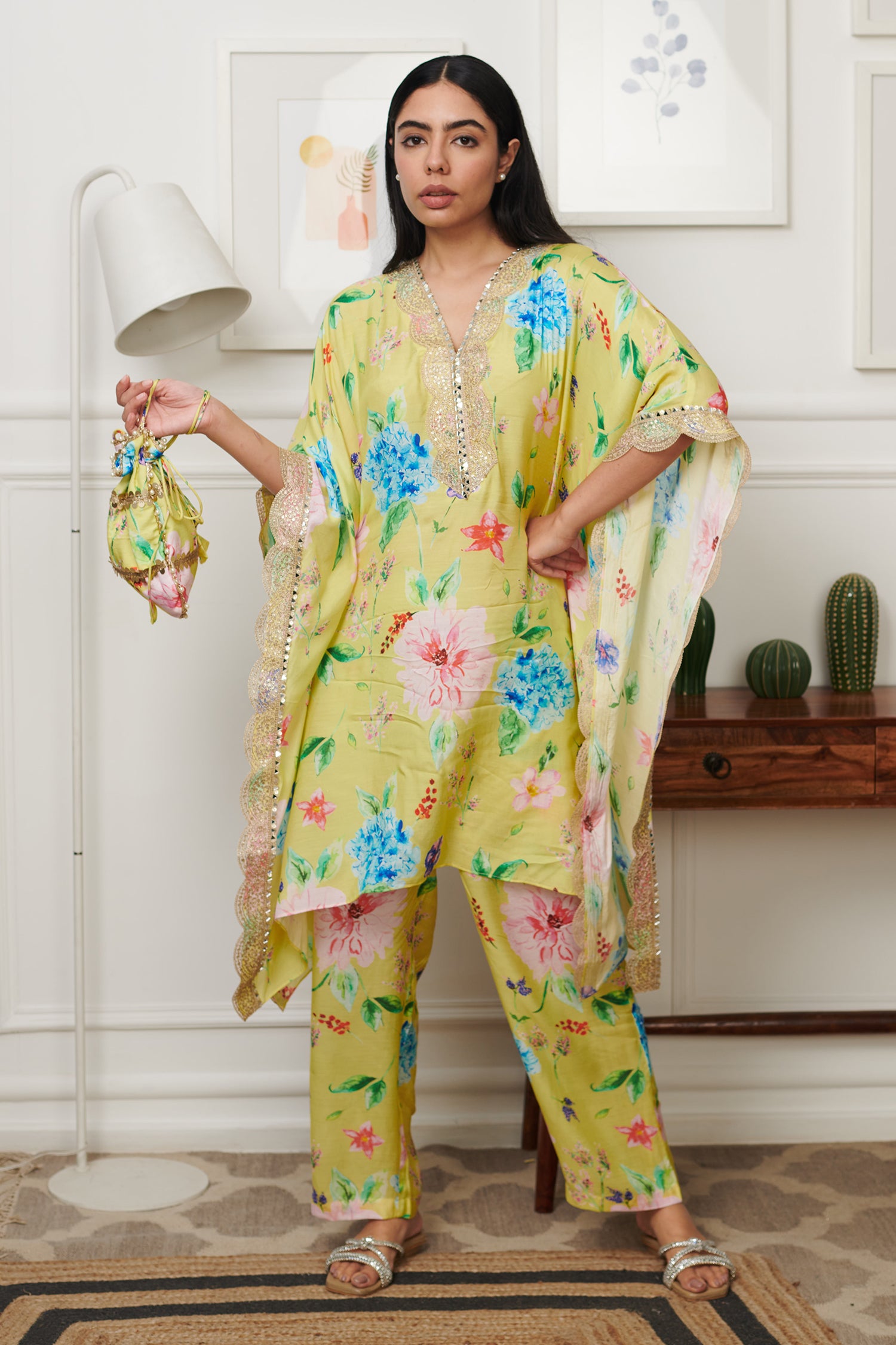 Green Cotton Silk Print Flora V Neck Bloom Kaftan Set