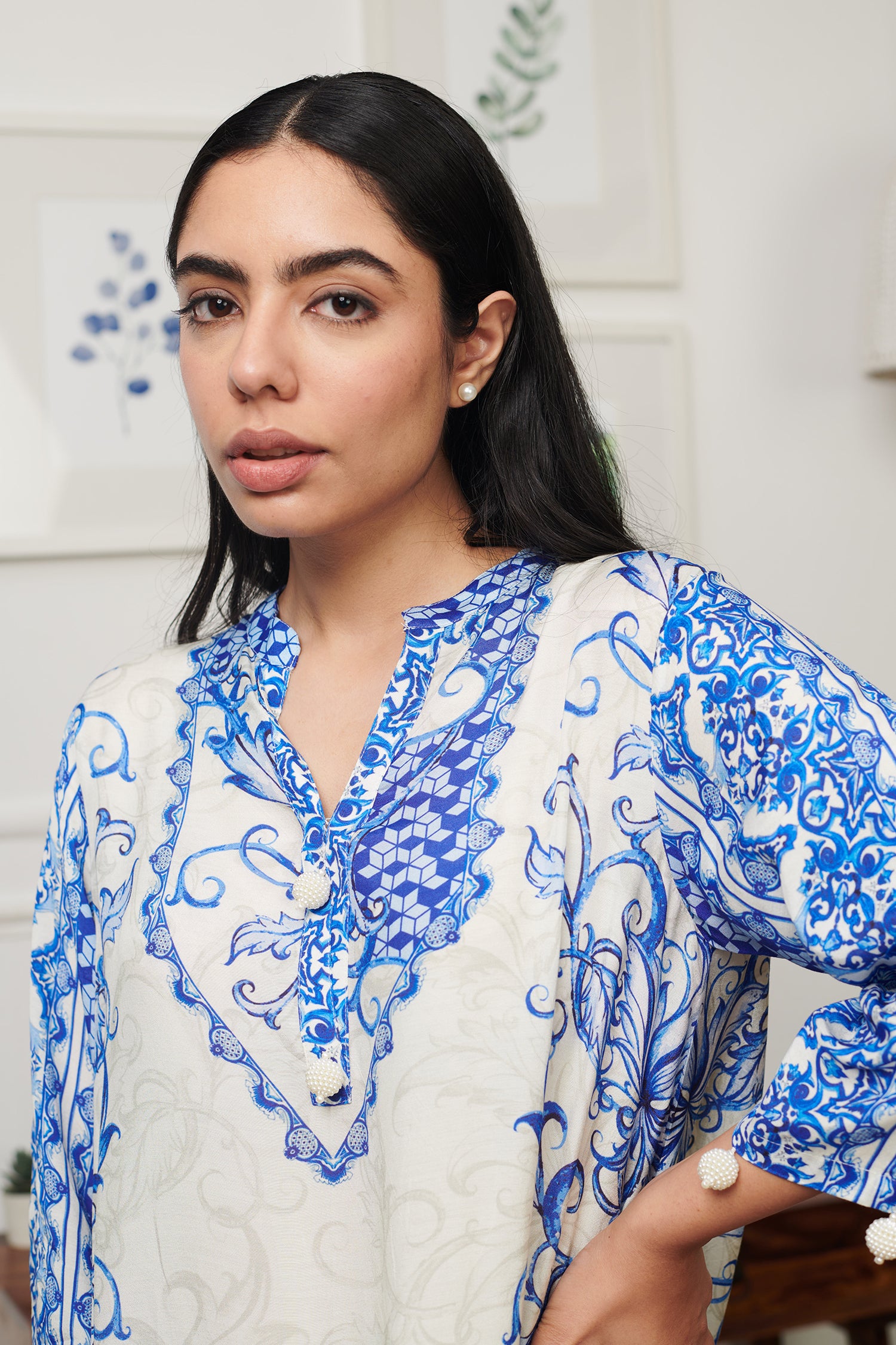 Blue Cotton Silk Print Persian Bloom Stand Collar Neck Kurta With Pant