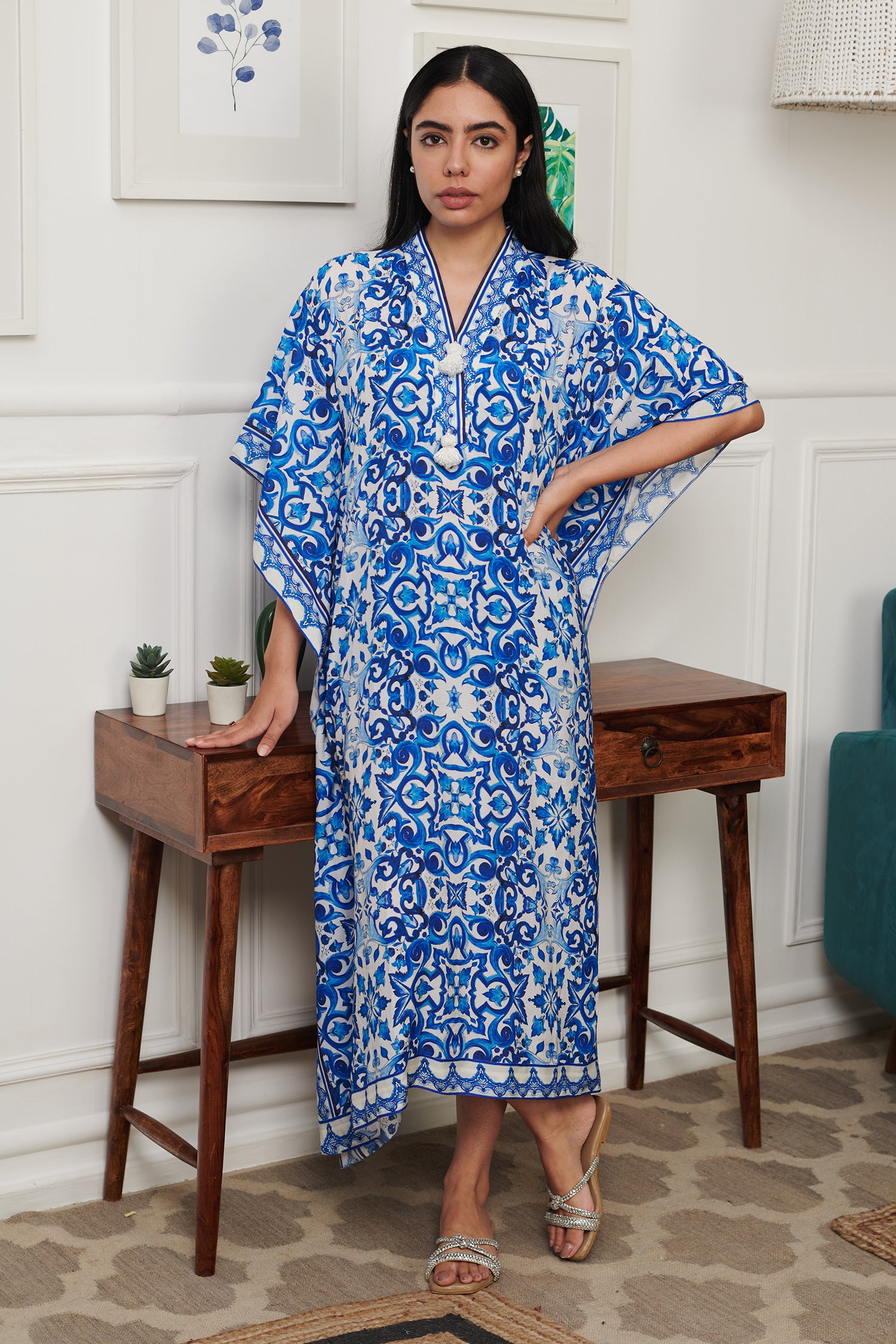Blue Cotton Silk Print French Bloom V Neck Kaftan