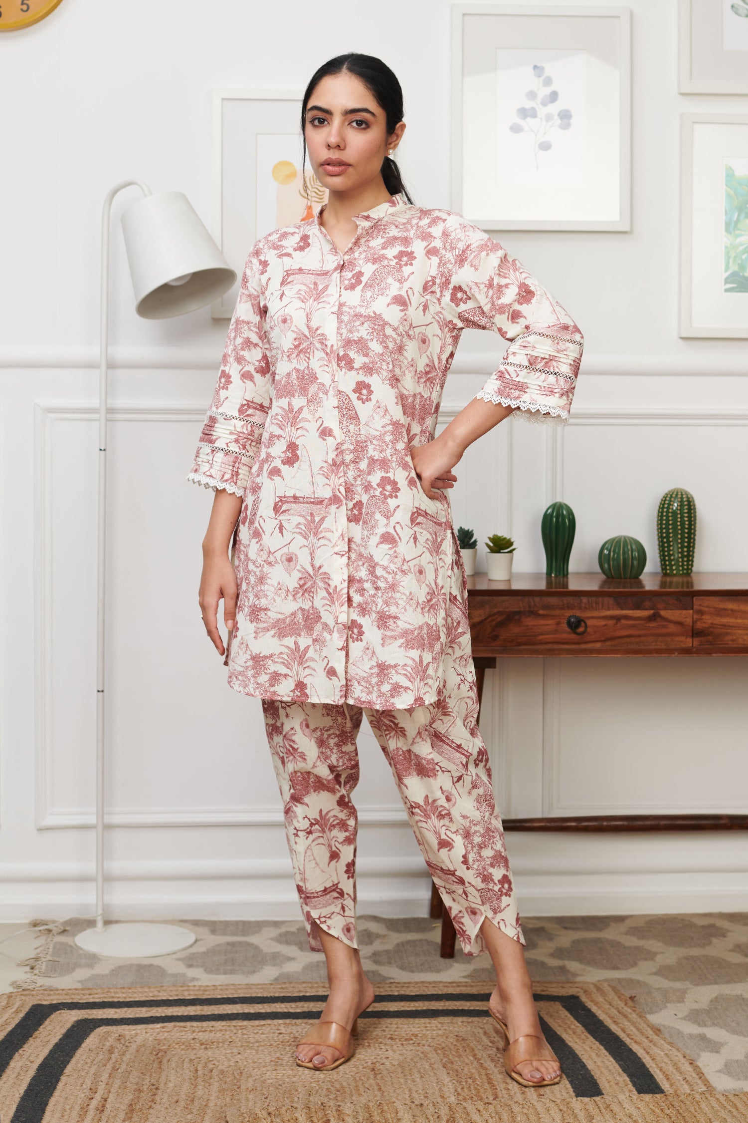 Off White Linen Print Tropical Safari Stand Collar Neck Kurta With Tulip Pant
