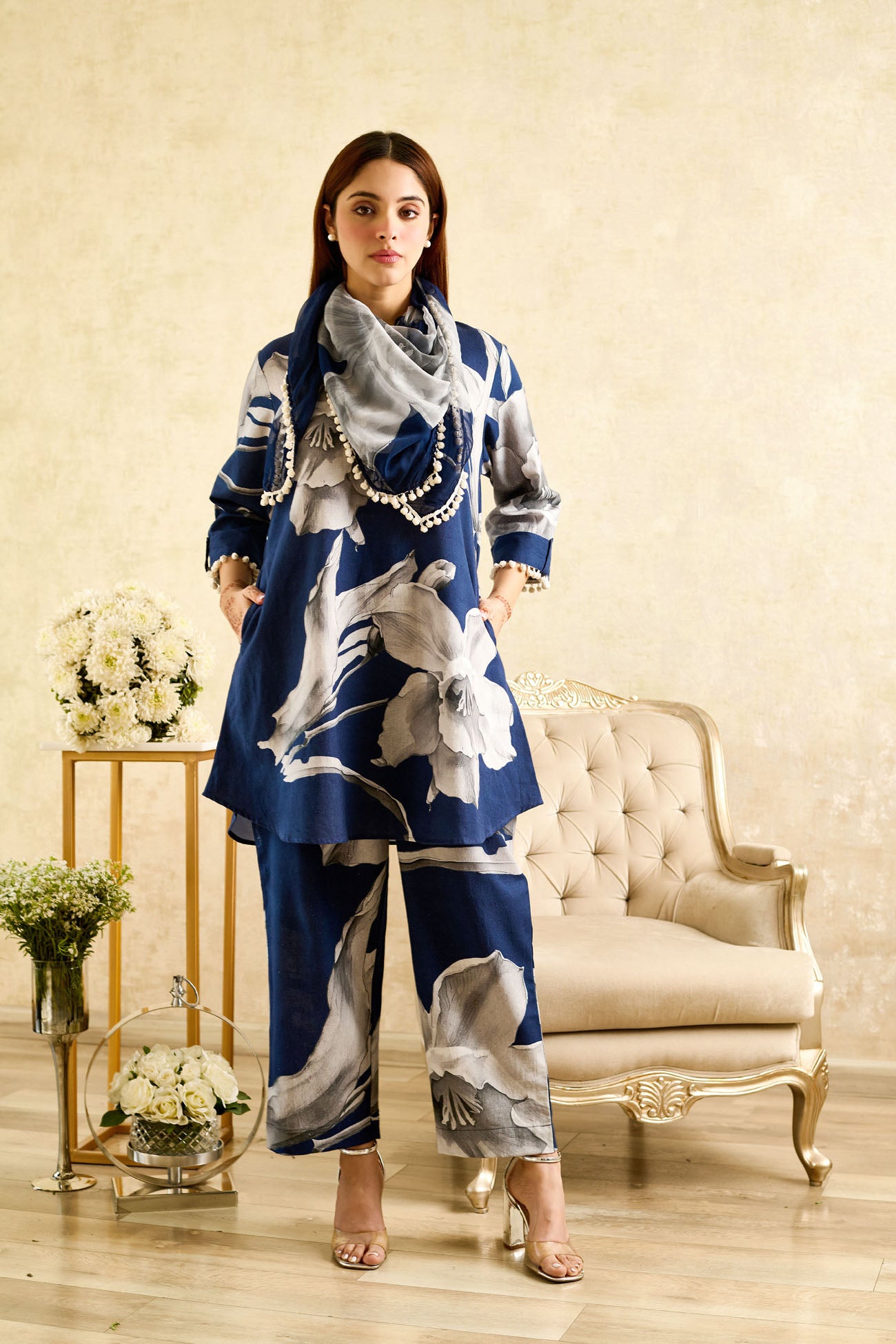 Navy Floral Cotton Linen Coord Set with Chiffon Scarf
