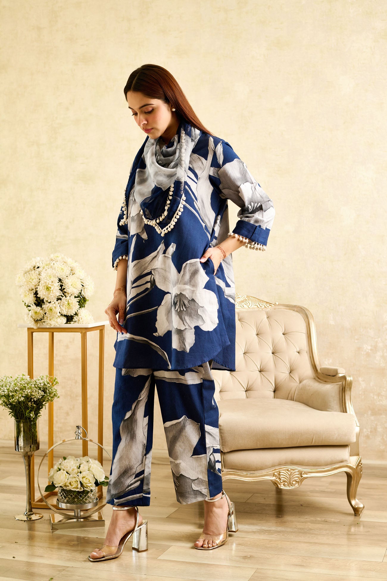Navy Floral Cotton Linen Coord Set with Chiffon Scarf