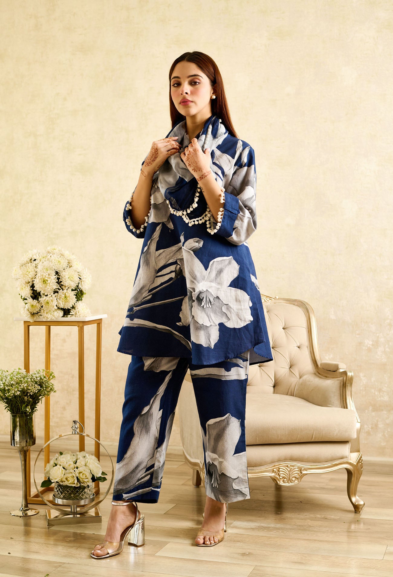 Navy Floral Cotton Linen Coord Set with Chiffon Scarf