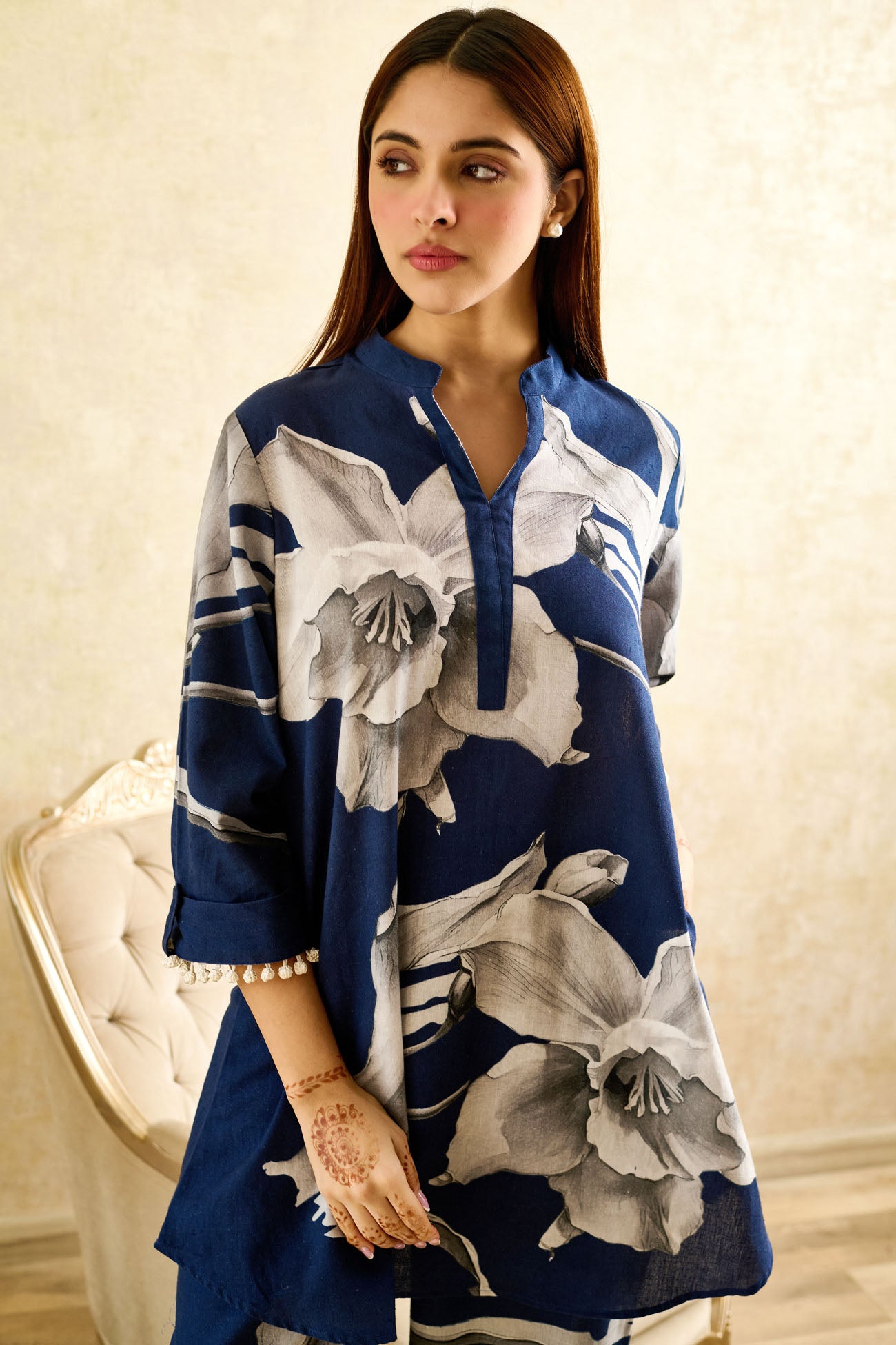 Navy Floral Cotton Linen Coord Set with Chiffon Scarf