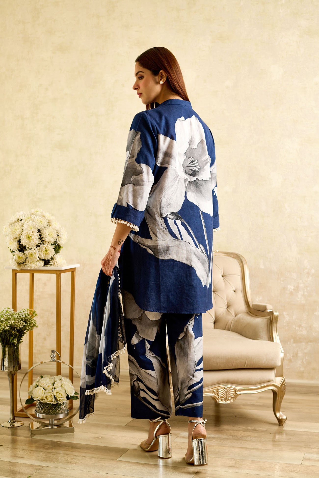Navy Floral Cotton Linen Coord Set with Chiffon Scarf