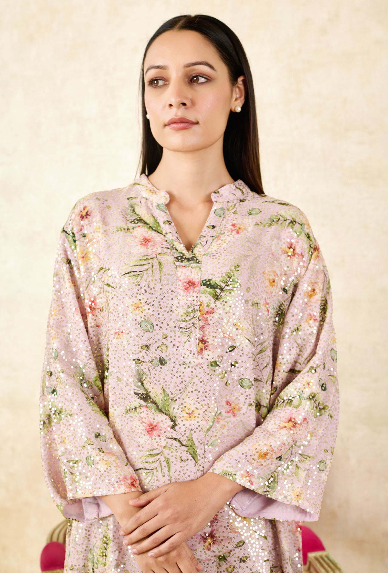 Pink Sequins Georgette Printed Floral Mandarin Collar Asymmetric Tunic With Pant