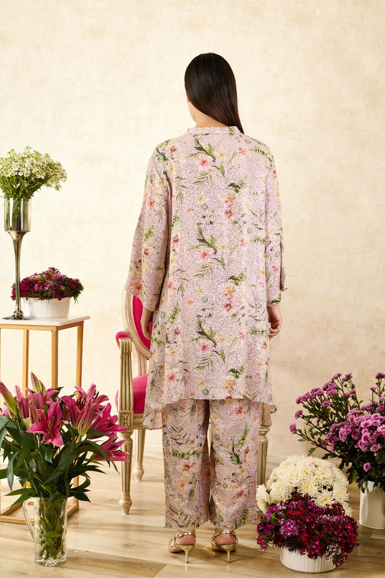 Pink Sequins Georgette Printed Floral Mandarin Collar Asymmetric Tunic With Pant