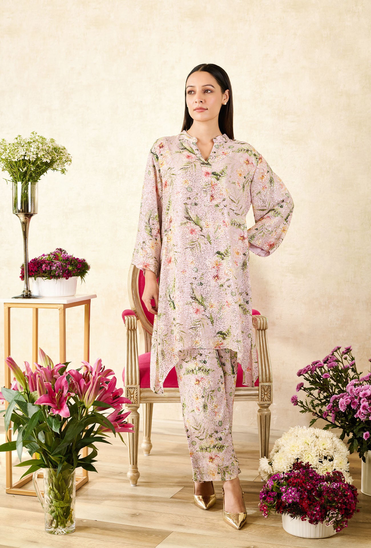 Pink Sequins Georgette Printed Floral Mandarin Collar Asymmetric Tunic With Pant