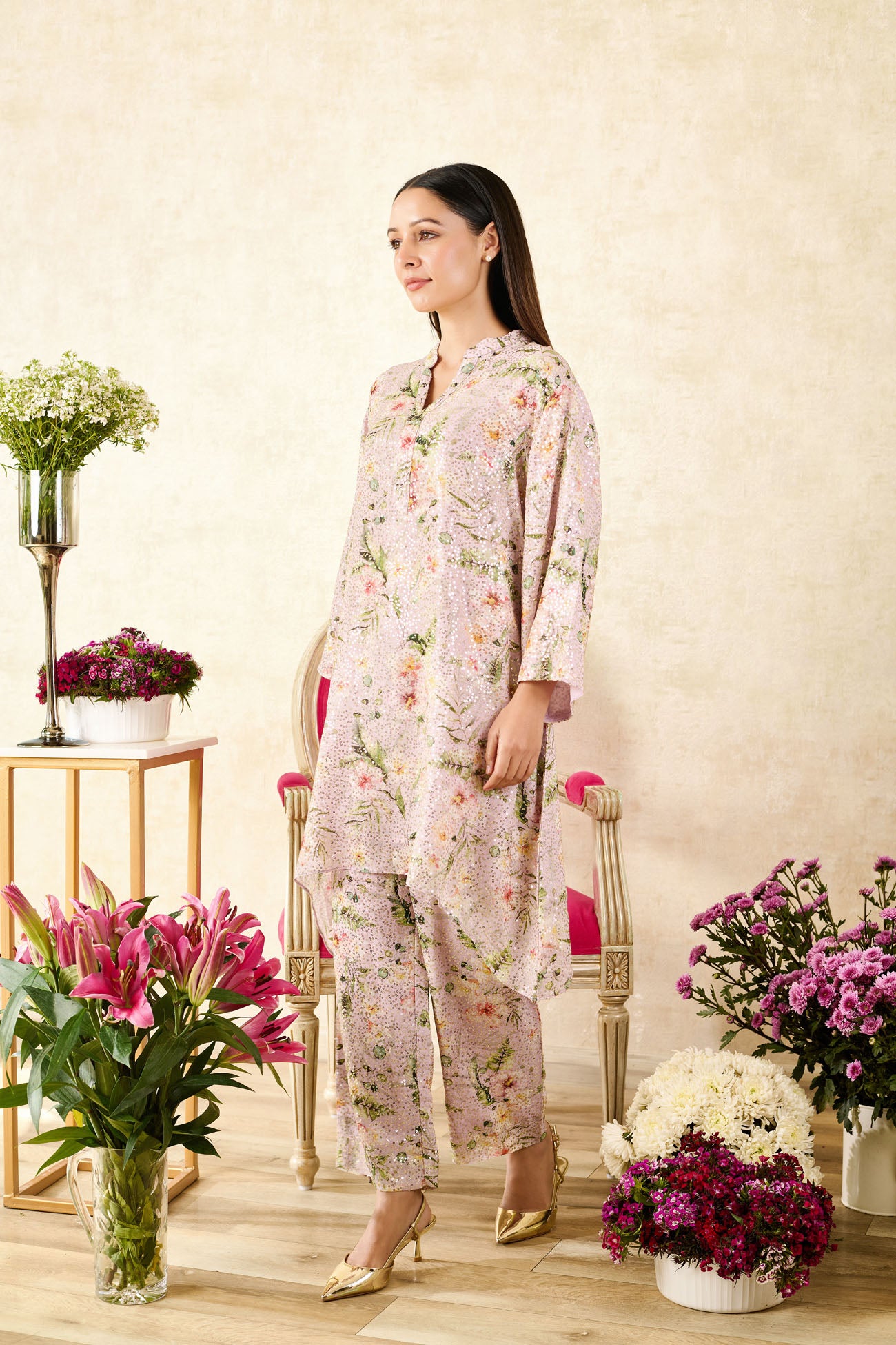 Pink Sequins Georgette Printed Floral Mandarin Collar Asymmetric Tunic With Pant