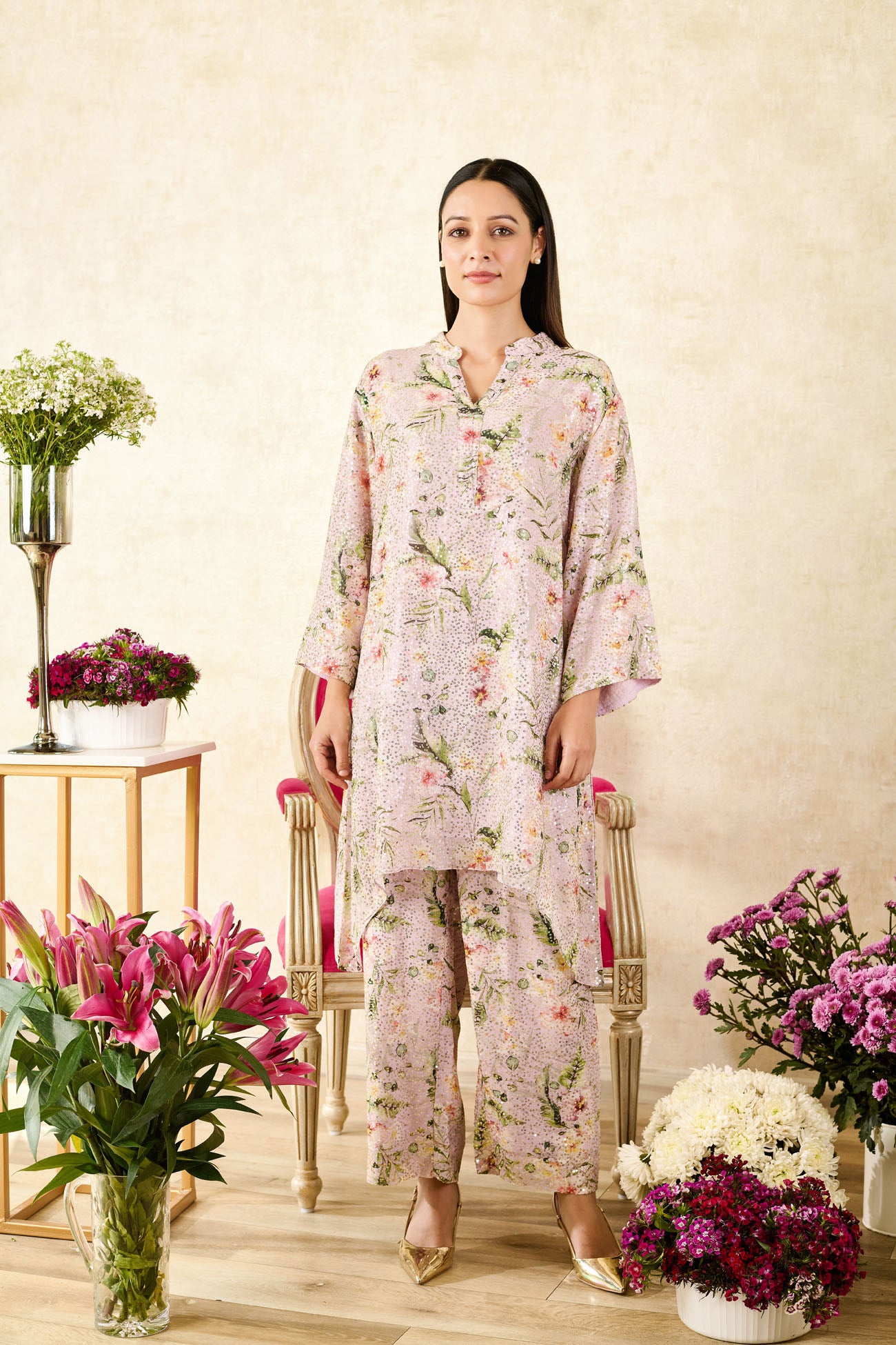 Pink Sequins Georgette Printed Floral Mandarin Collar Asymmetric Tunic With Pant