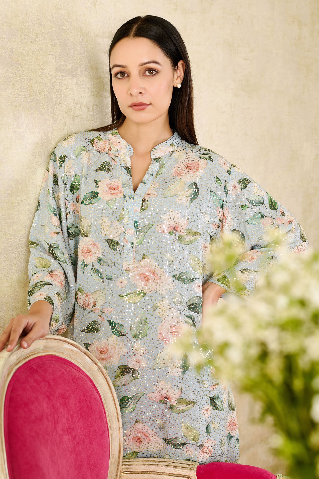 Blue Sequins Georgette Printed Rose Mandarin Collar Asymmetric Tunic With Pant