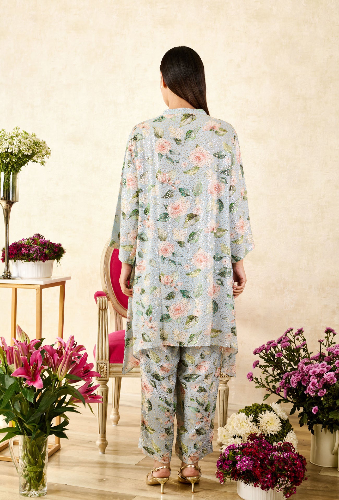 Blue Sequins Georgette Printed Rose Mandarin Collar Asymmetric Tunic With Pant