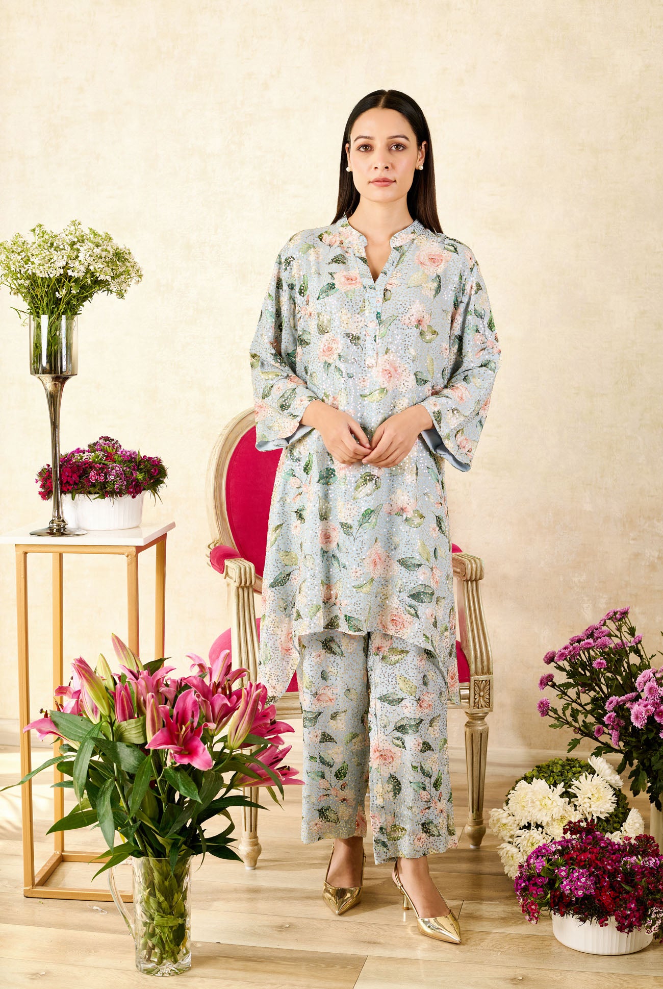 Blue Sequins Georgette Printed Rose Mandarin Collar Asymmetric Tunic With Pant